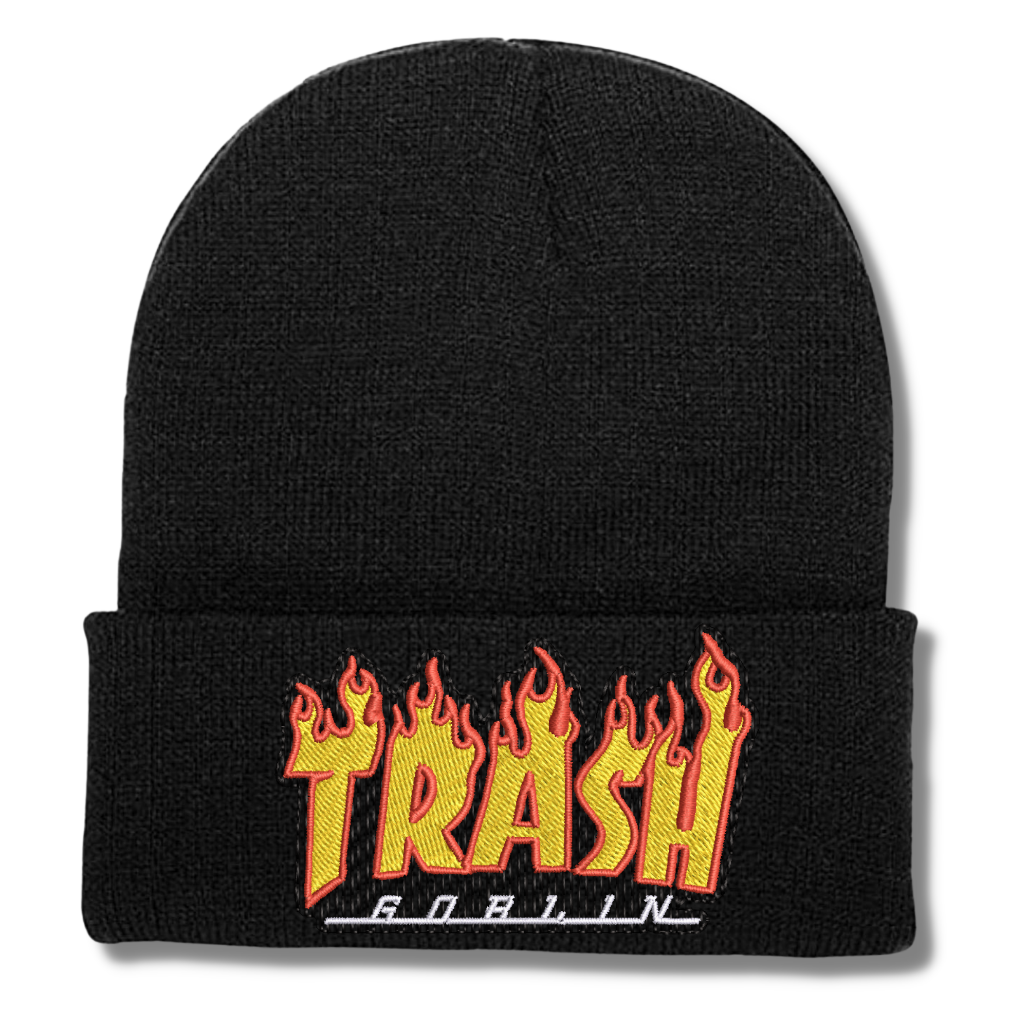Trash Goblin Flame Font Embroidered Beanie Hat, One Size Fits All