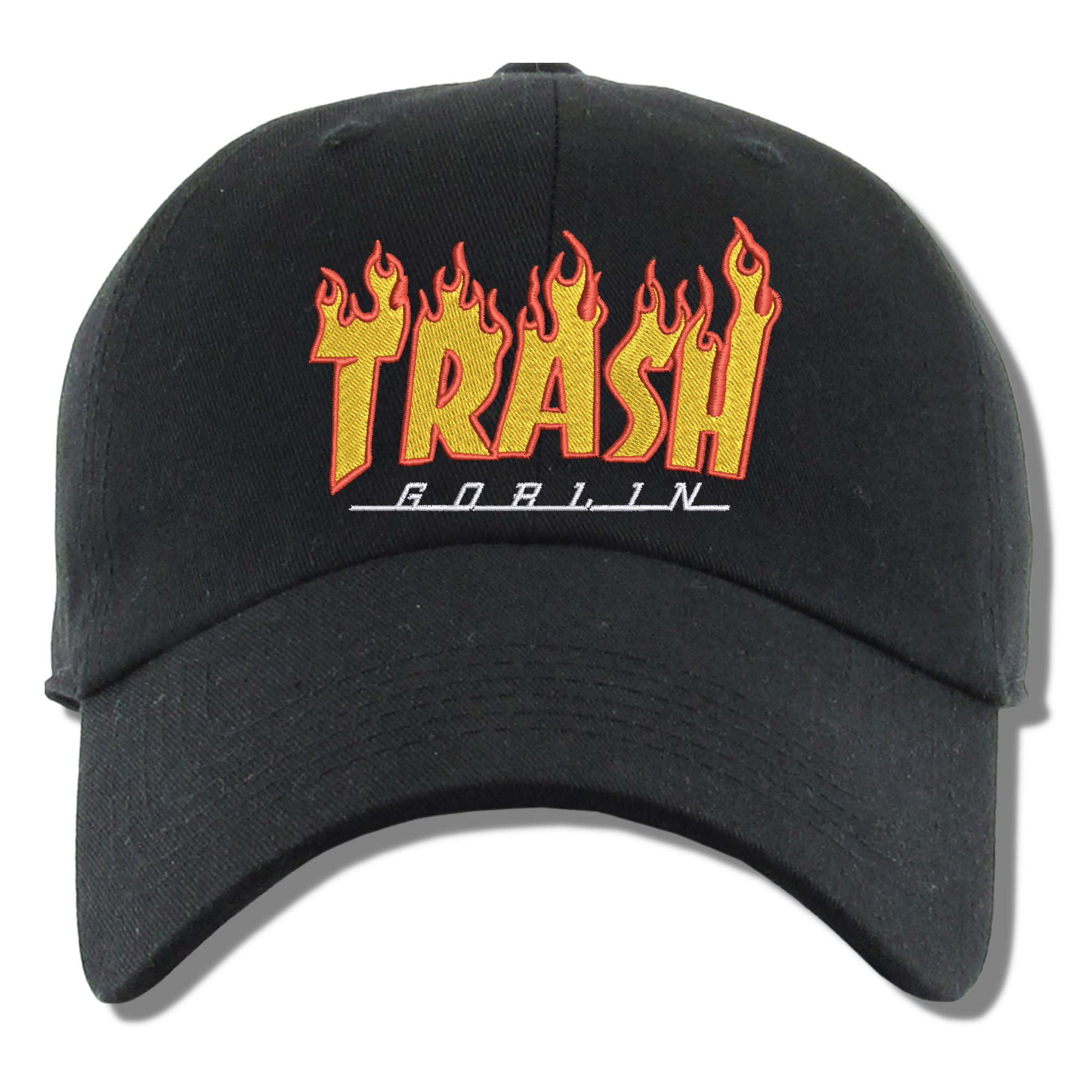 Trash Goblin Flame Font Embroidered Black Dad Hat, One Size Fits All