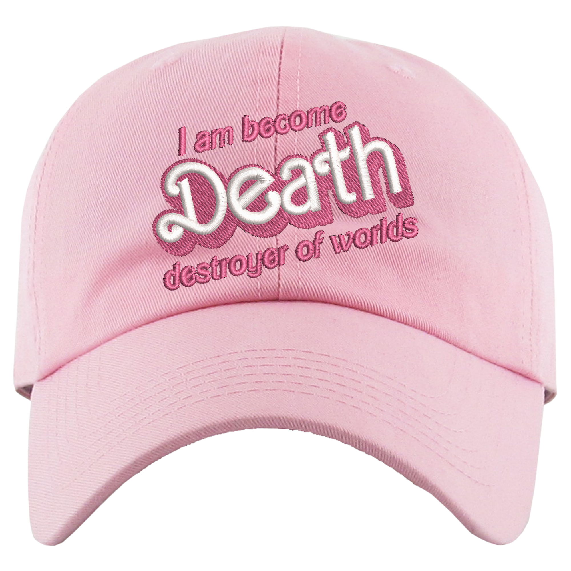 I Am Become Death Destroyer of Worlds Barbenheimer Barbie Font Embroidered Black Dad Hat, One Size Fits All