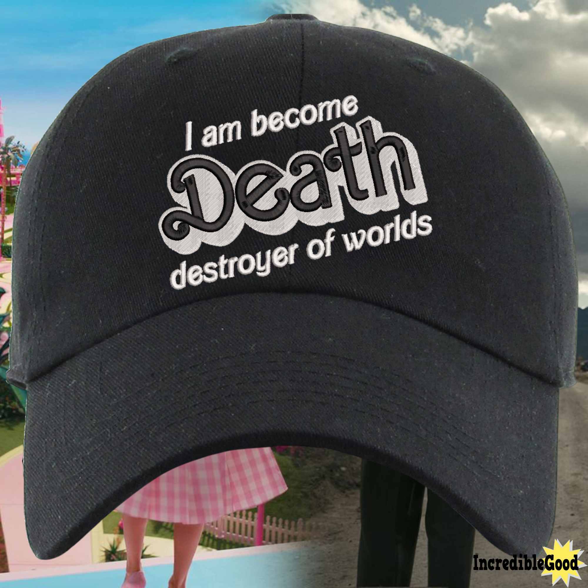 I Am Become Death Destroyer of Worlds Barbenheimer Barbie Font Embroidered Black Dad Hat, One Size Fits All