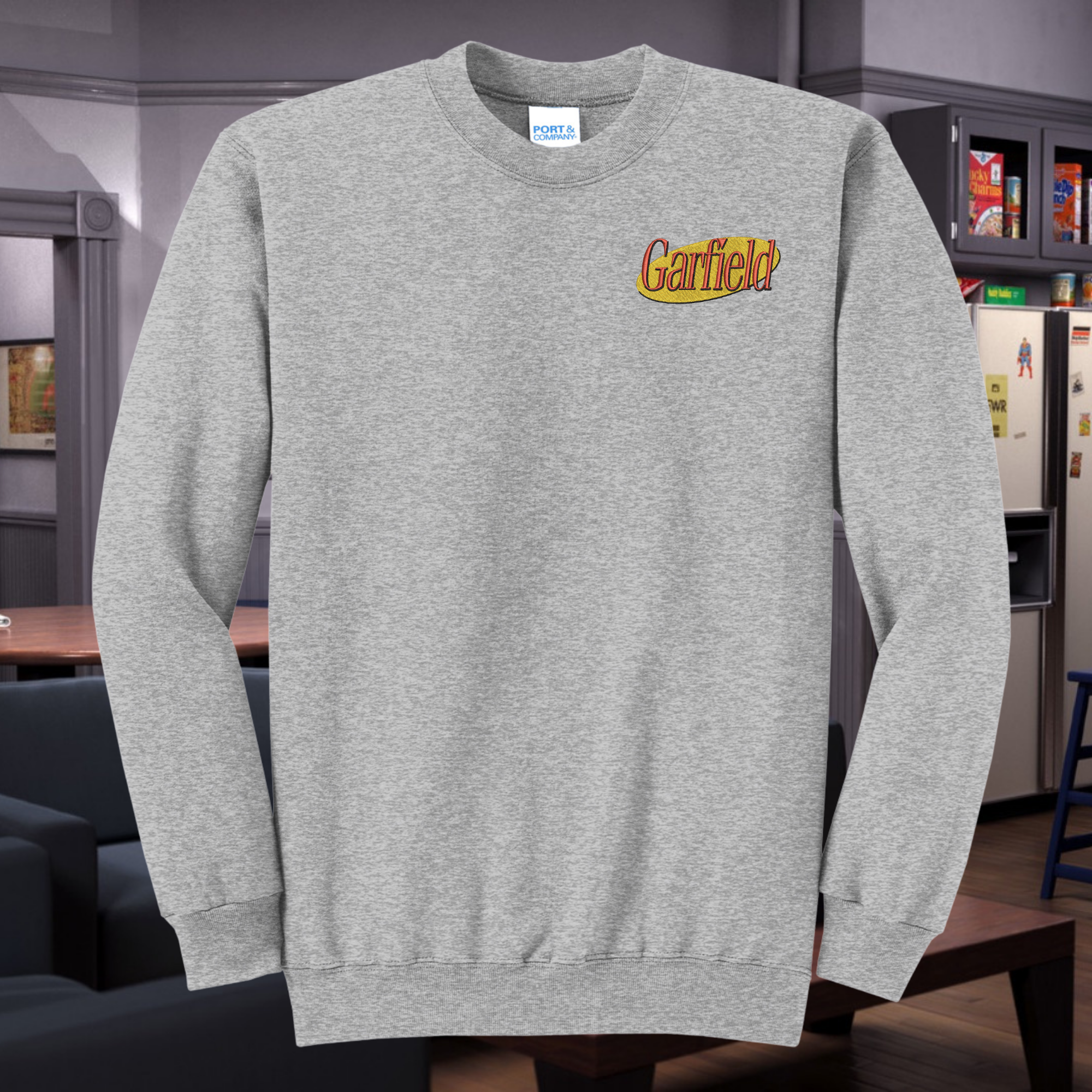 Garfield Seinfeld Crossover Episode Embroidered Crewneck Sweatshirt, Unisex