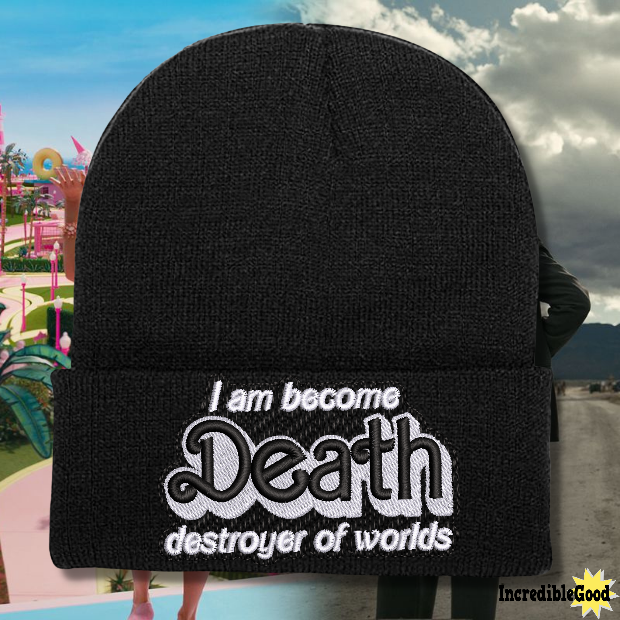 I Am Become Death Destroyer of Worlds Barbenheimer Barbie Font Beanie Hat, One Size Fits All