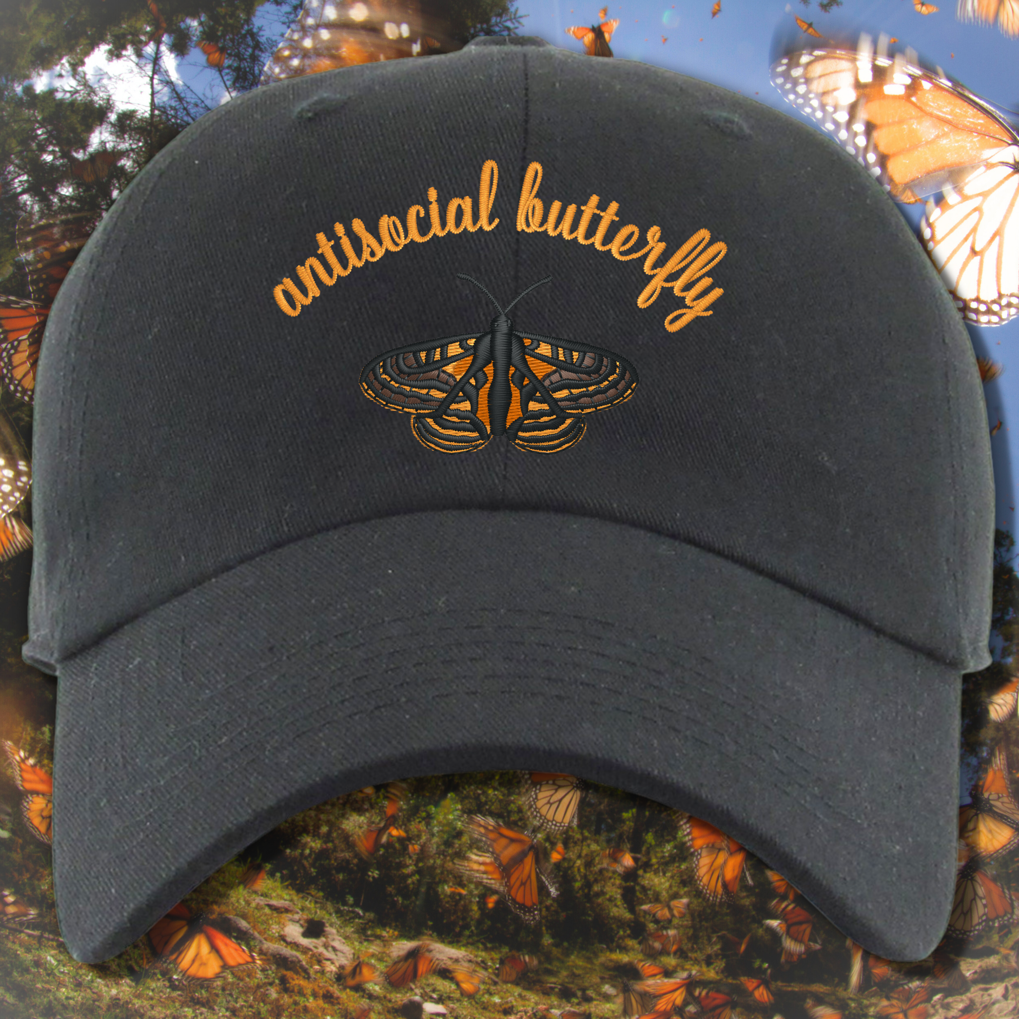 Antisocial Butterfly Embroidered Dad Hat, One Size Fits All