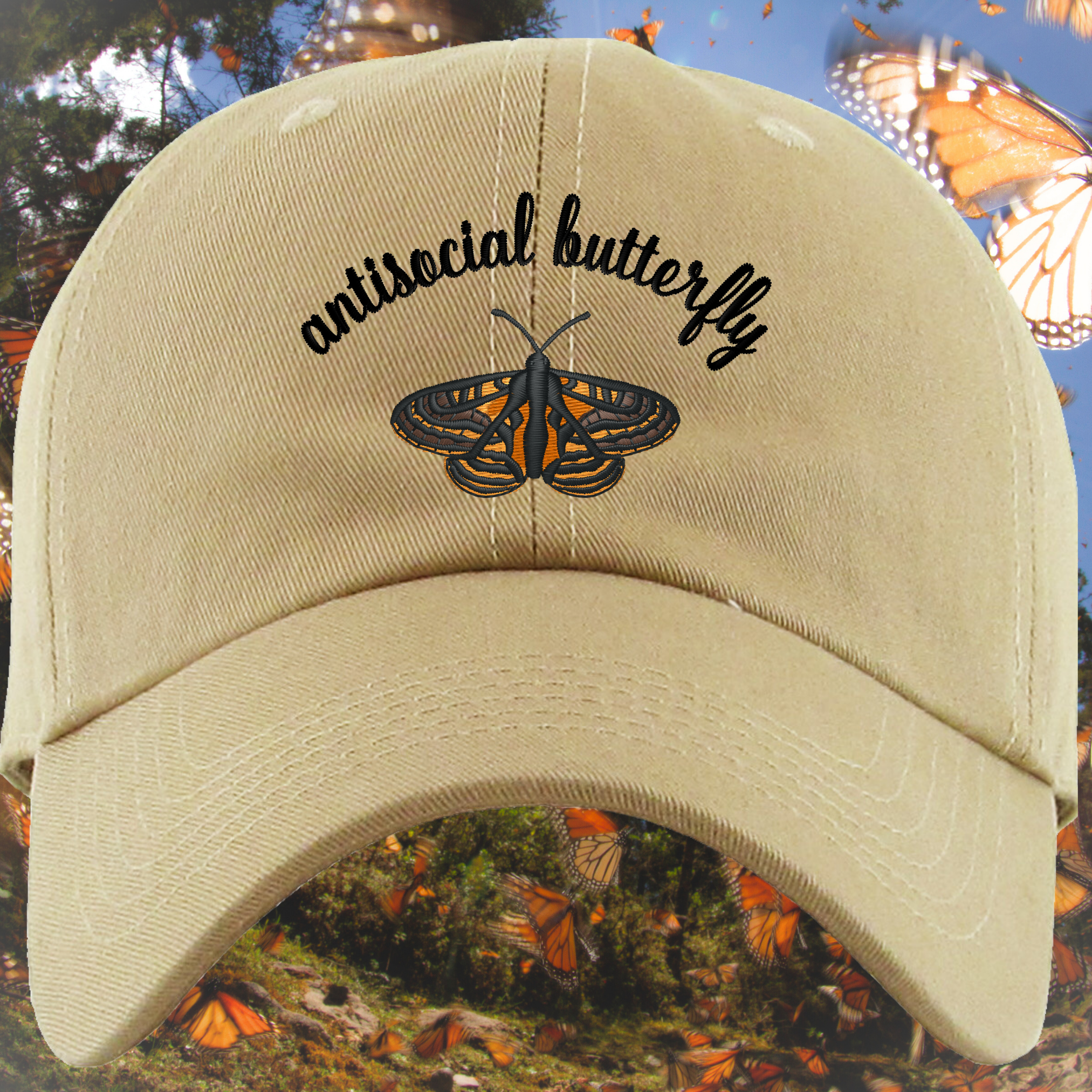 Antisocial Butterfly Embroidered Dad Hat, One Size Fits All