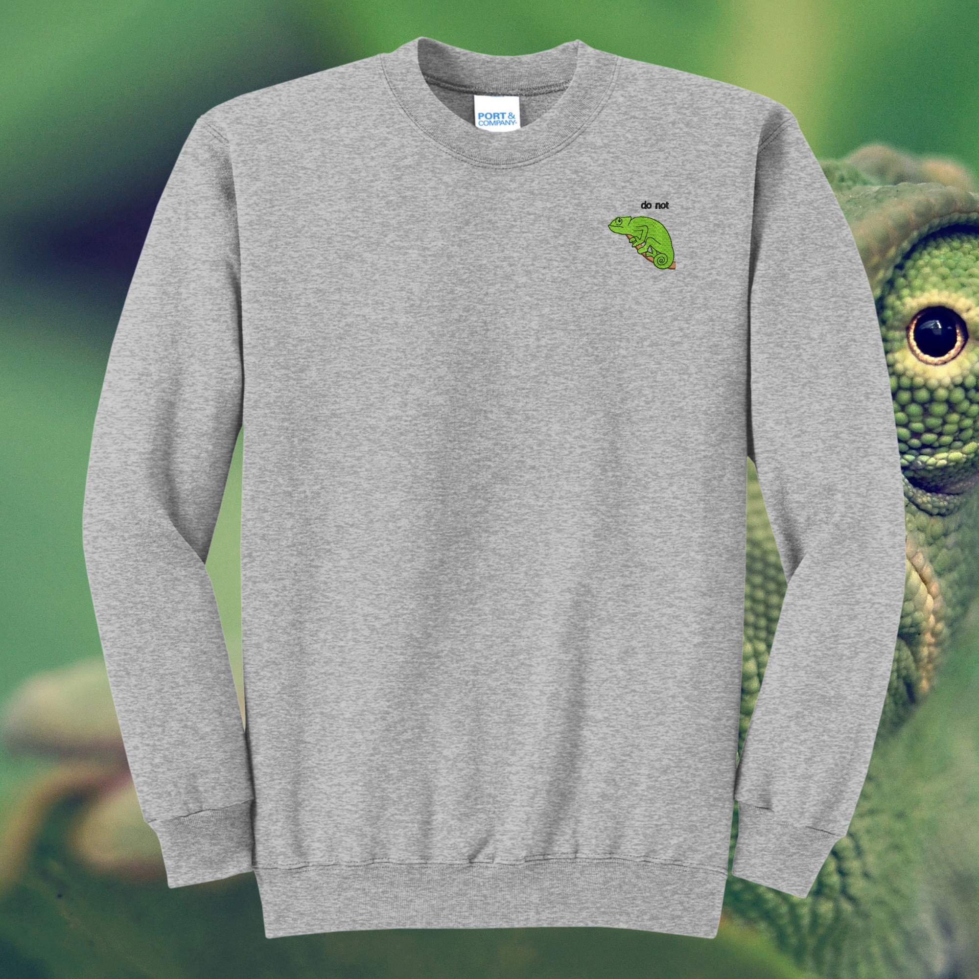 Please Do Not Perceive Me Chameleon Embroidered Crewneck Sweatshirt, Unisex