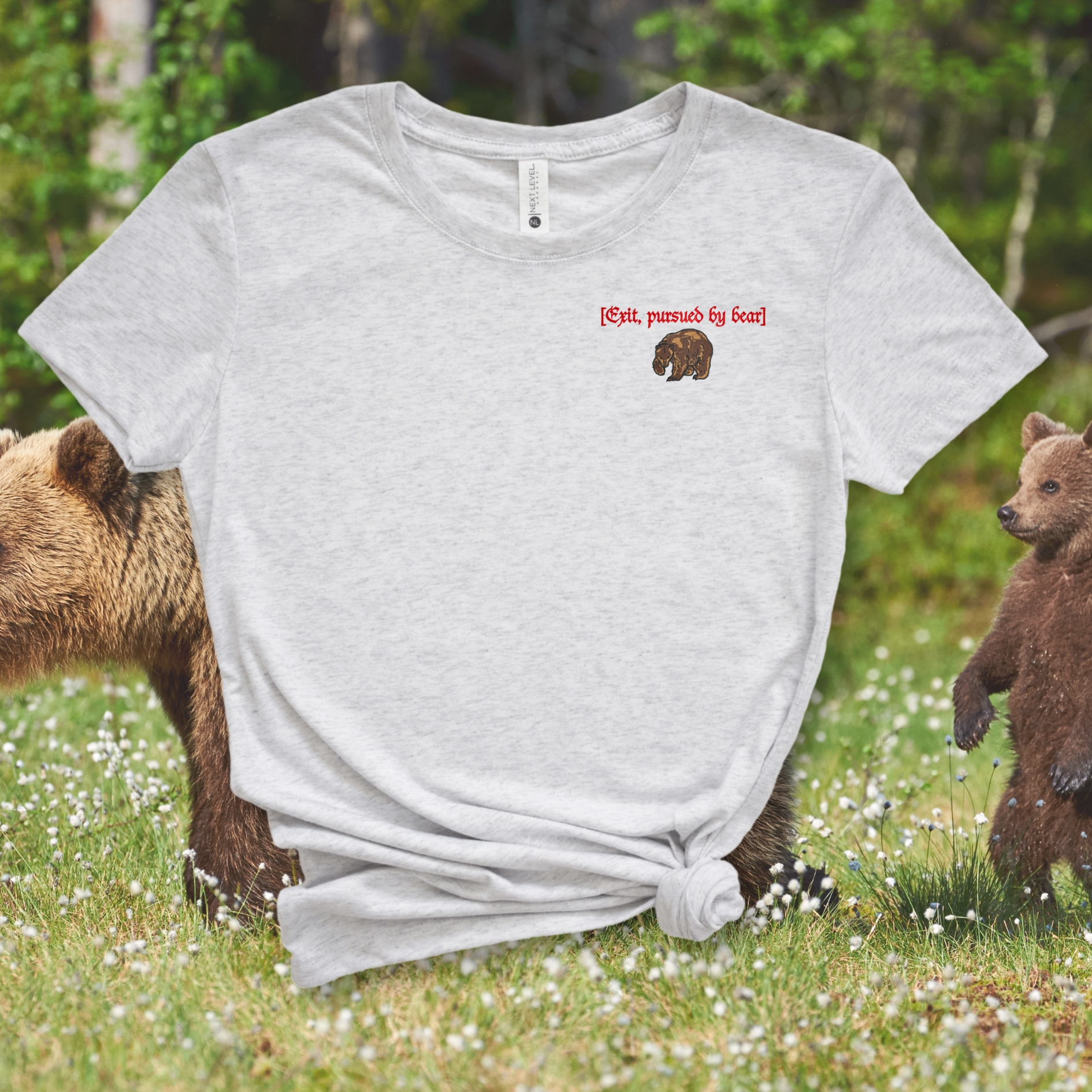 Exit Pursued By Bear Embroidered Tee Shirt, Unisex