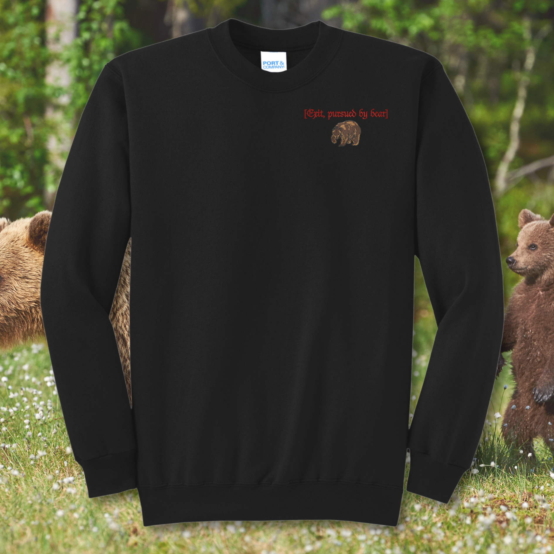 Exit Pursued By Bear Embroidered Crewneck Sweatshirt, Unisex