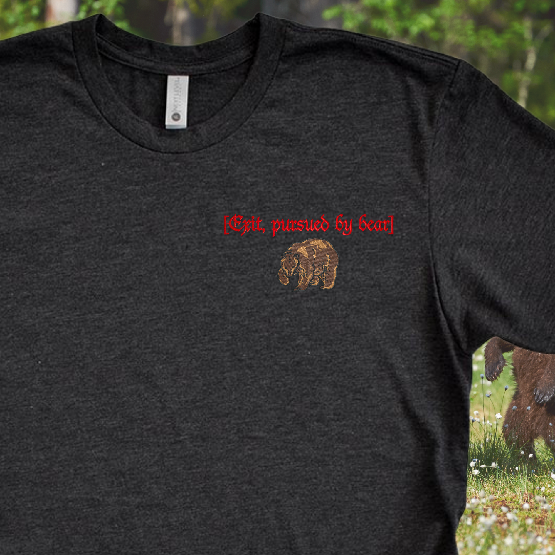 Exit Pursued By Bear Embroidered Tee Shirt, Unisex