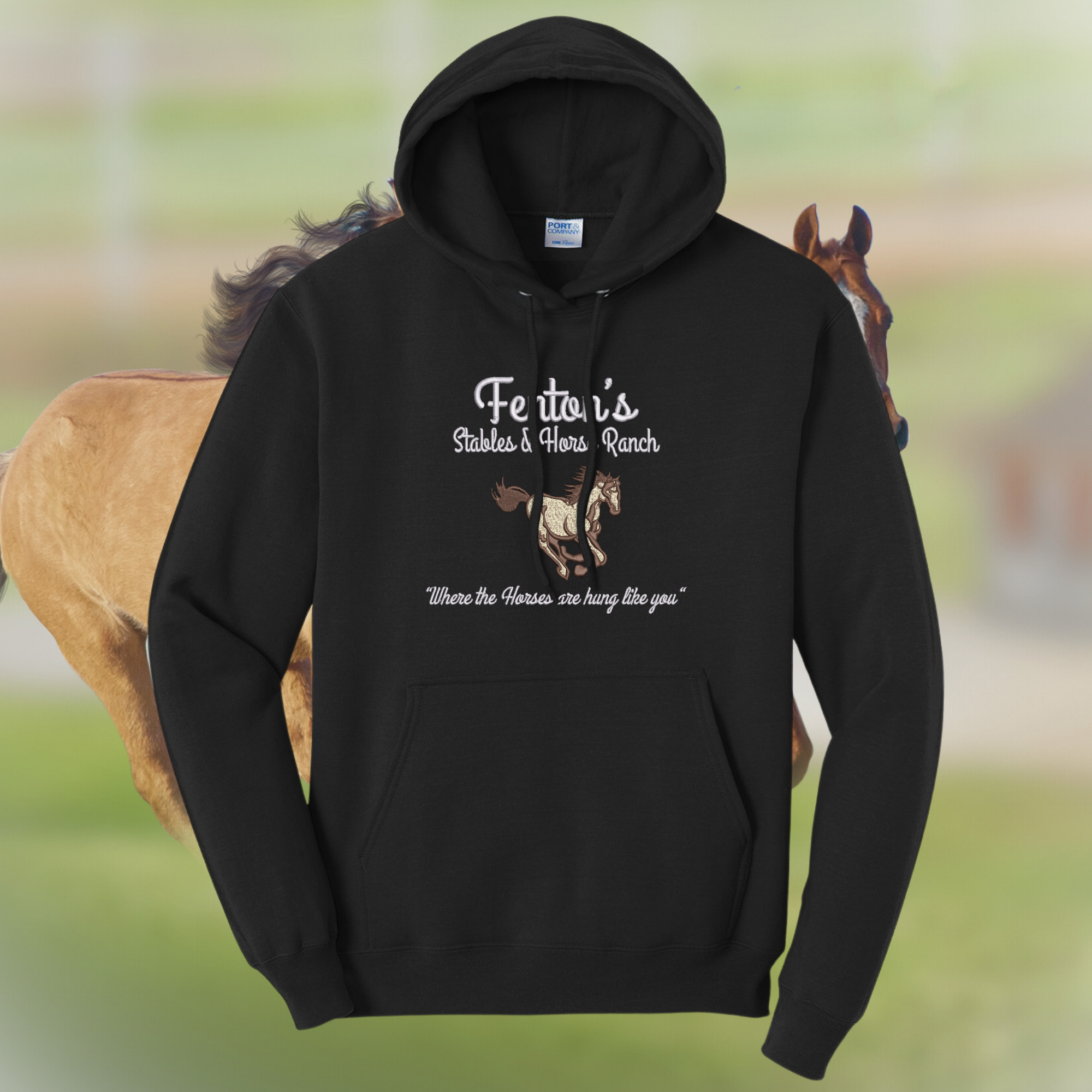 Fenton's Stables & Horse Ranch Where The Horses are Hung Like You ITYSL I Think You Should Leave Parody  Black Hoodie, Unisex