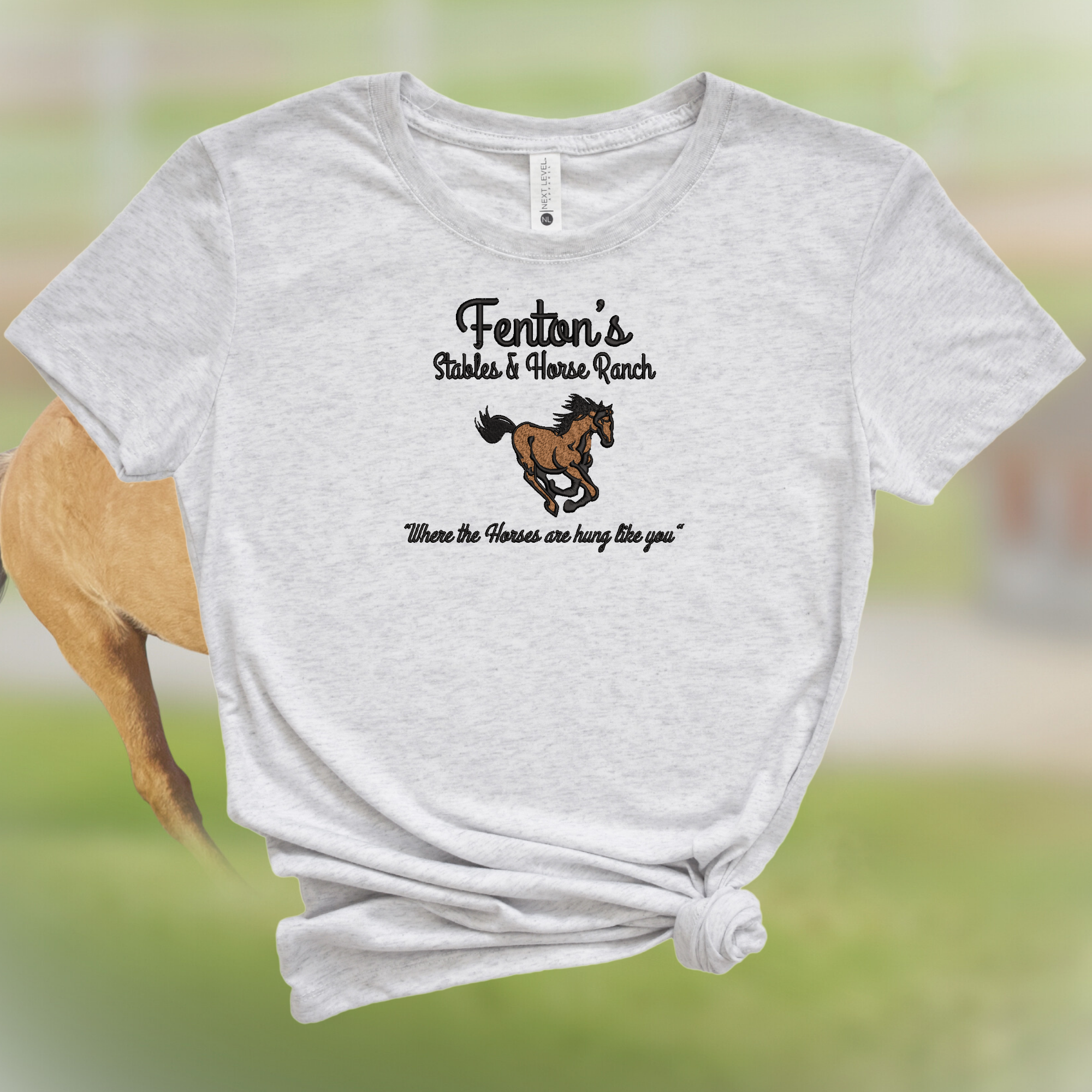 Products Fenton's Stables & Horse Ranch Where The Horses are Hung Like You ITYSL I Think You Should Leave Parody Embroidered Tee Shirt, Unisex