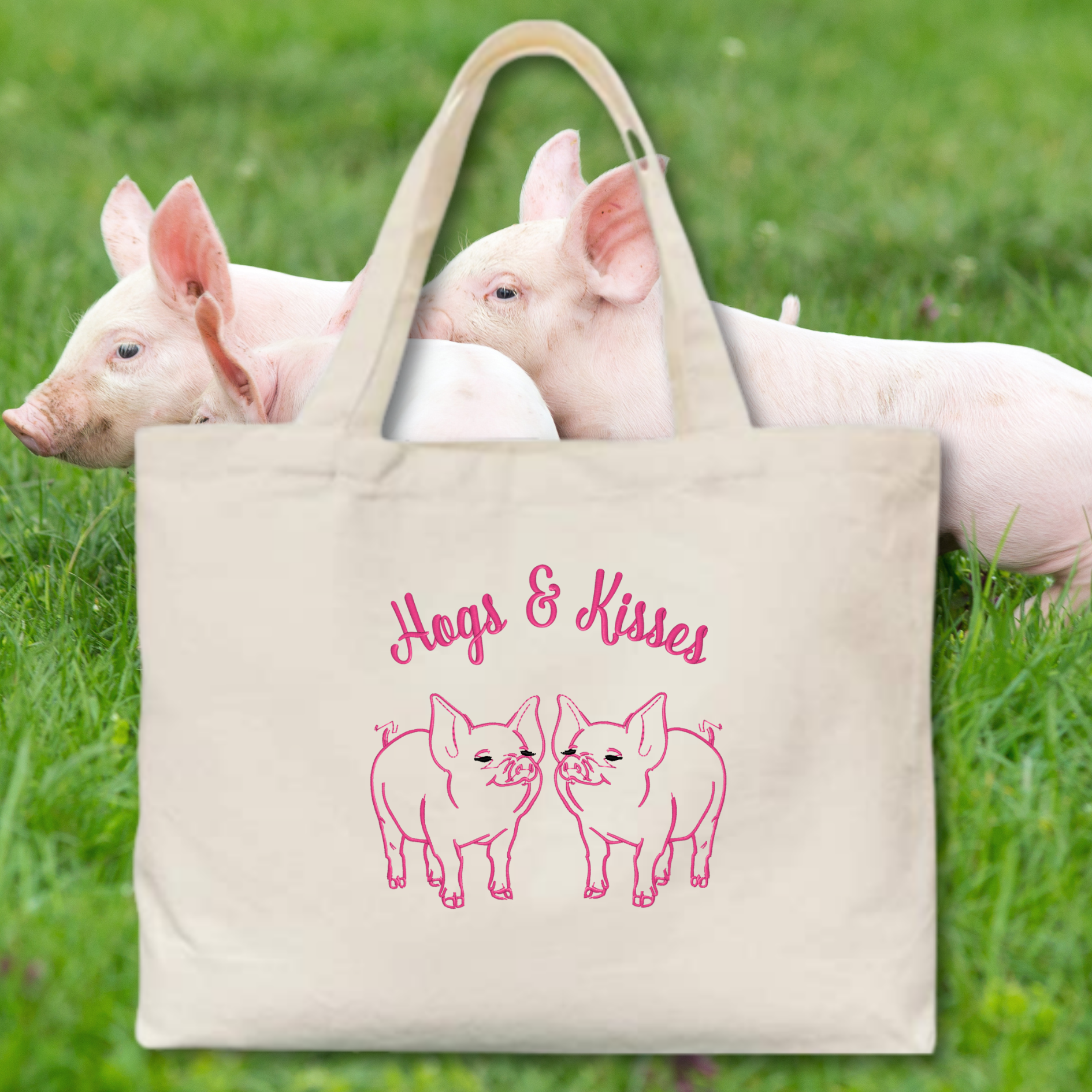 Hogs & Kisses Embroidered Canvas Tote Bag