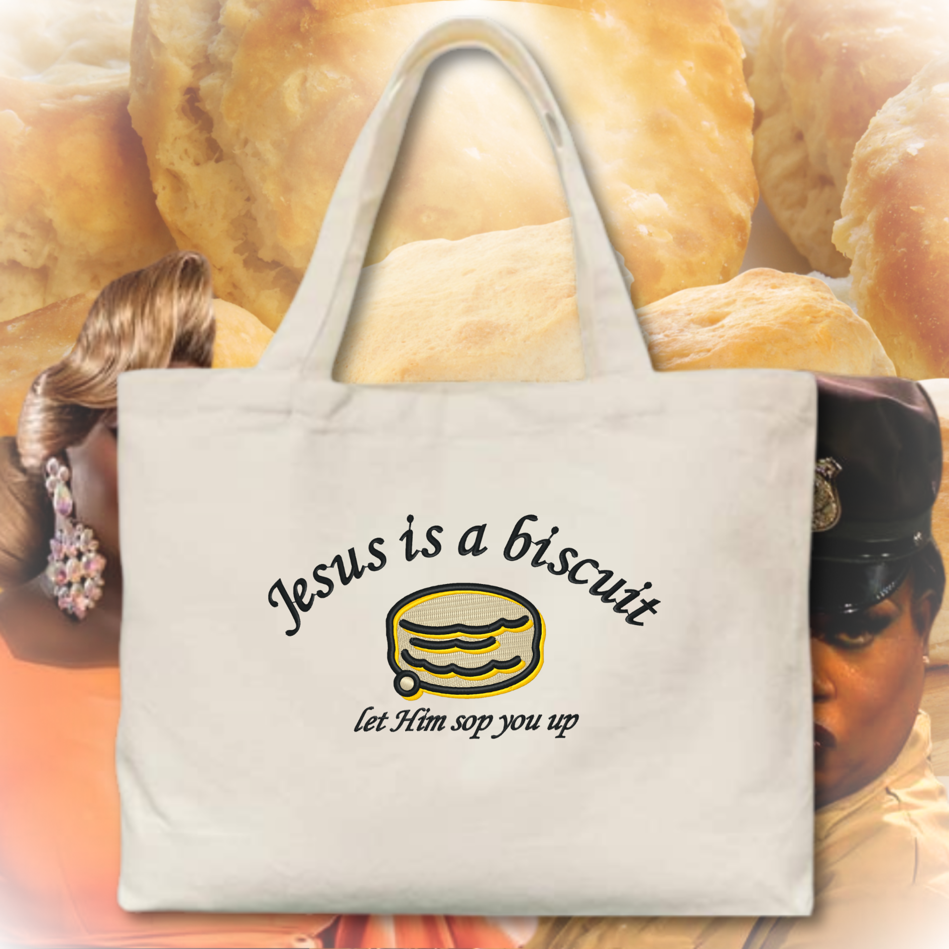 Jesus Biscuit Embroidered Canvas Tote Bag