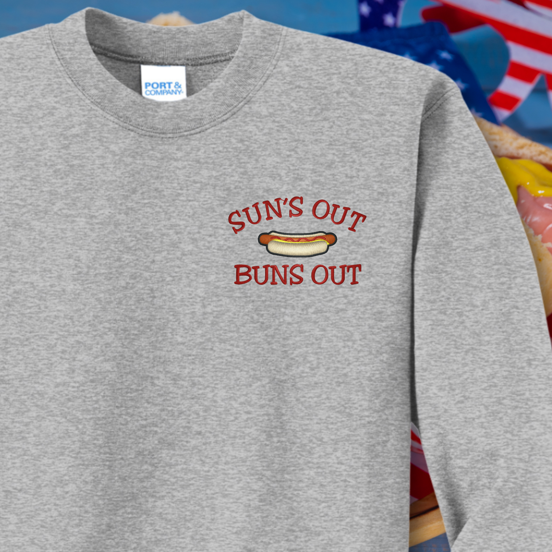 Suns Out Buns Out Embroidered Crewneck Sweatshirt, Unisex