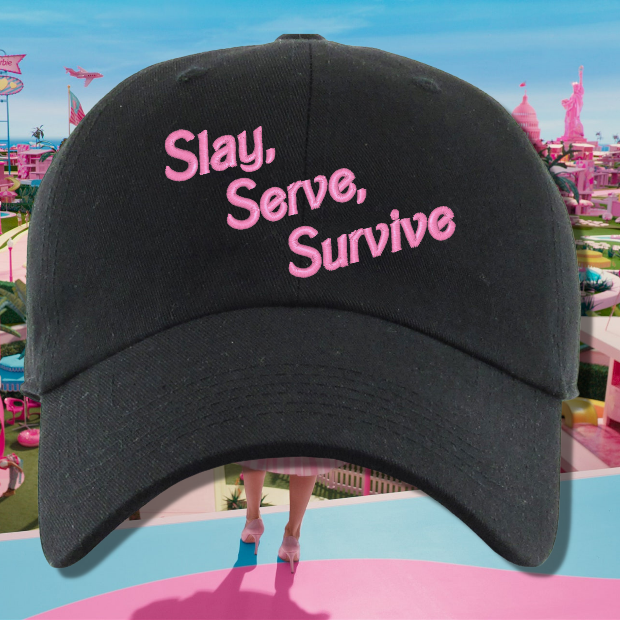 Slay Serve Survive Embroidered Black Dad Hat, One Size Fits All