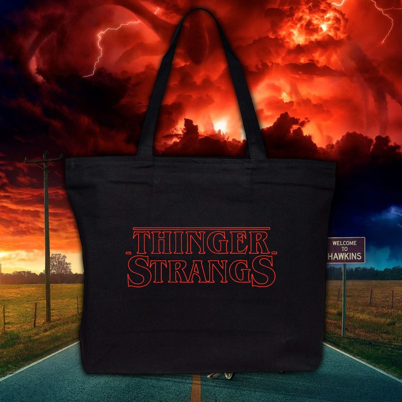 Thinger Strangs - Stranger Things Inspired PARODY Embroidered Black Canvas Tote Bag