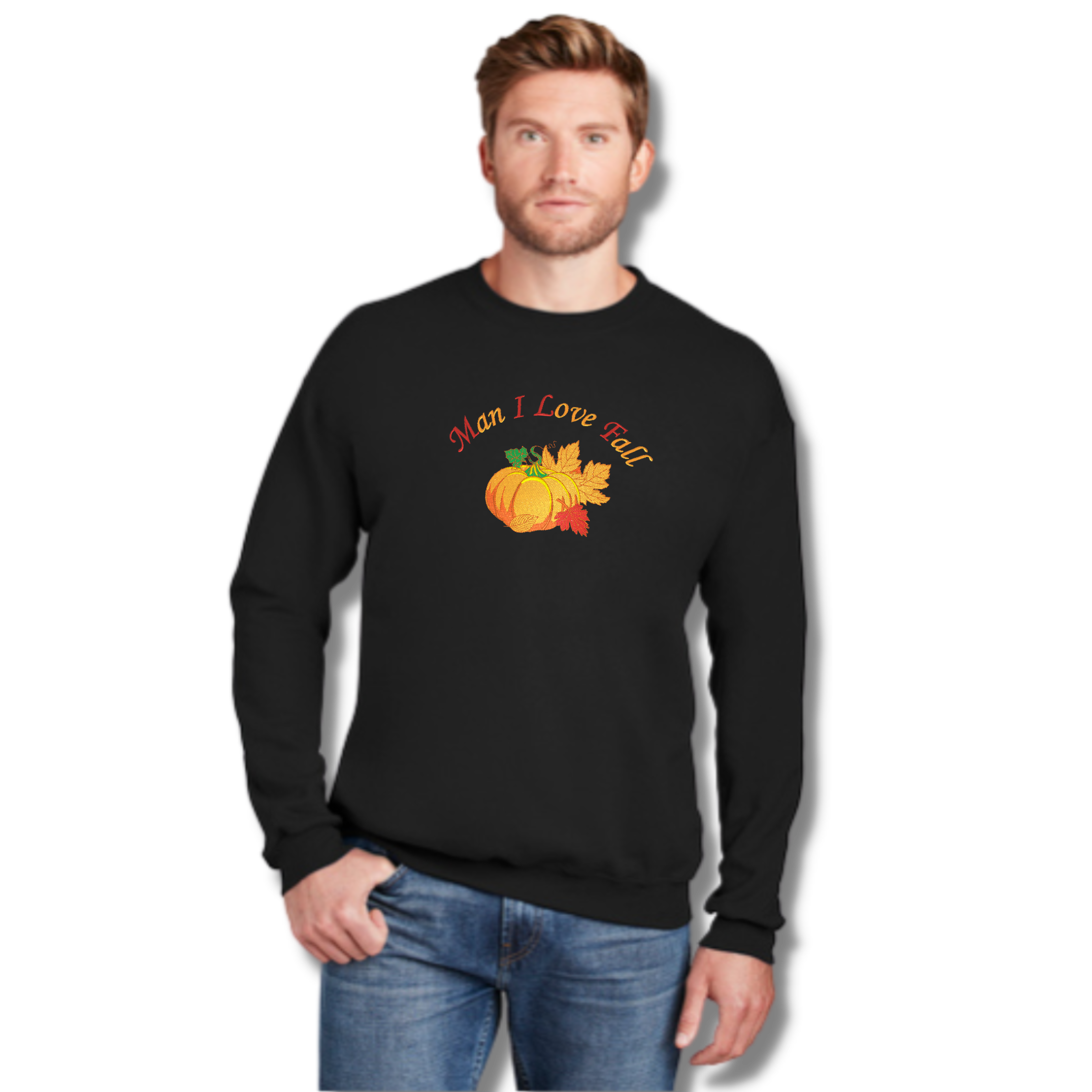 Man I Love Fall MILF Embroidered Crewneck Sweatshirt, Black, Unisex