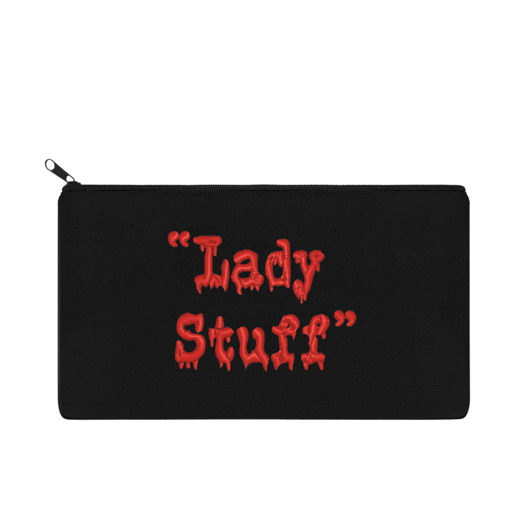 "Lady Stuff" Black and Red Embroidered Multipurpose Zipper Pouch Bag