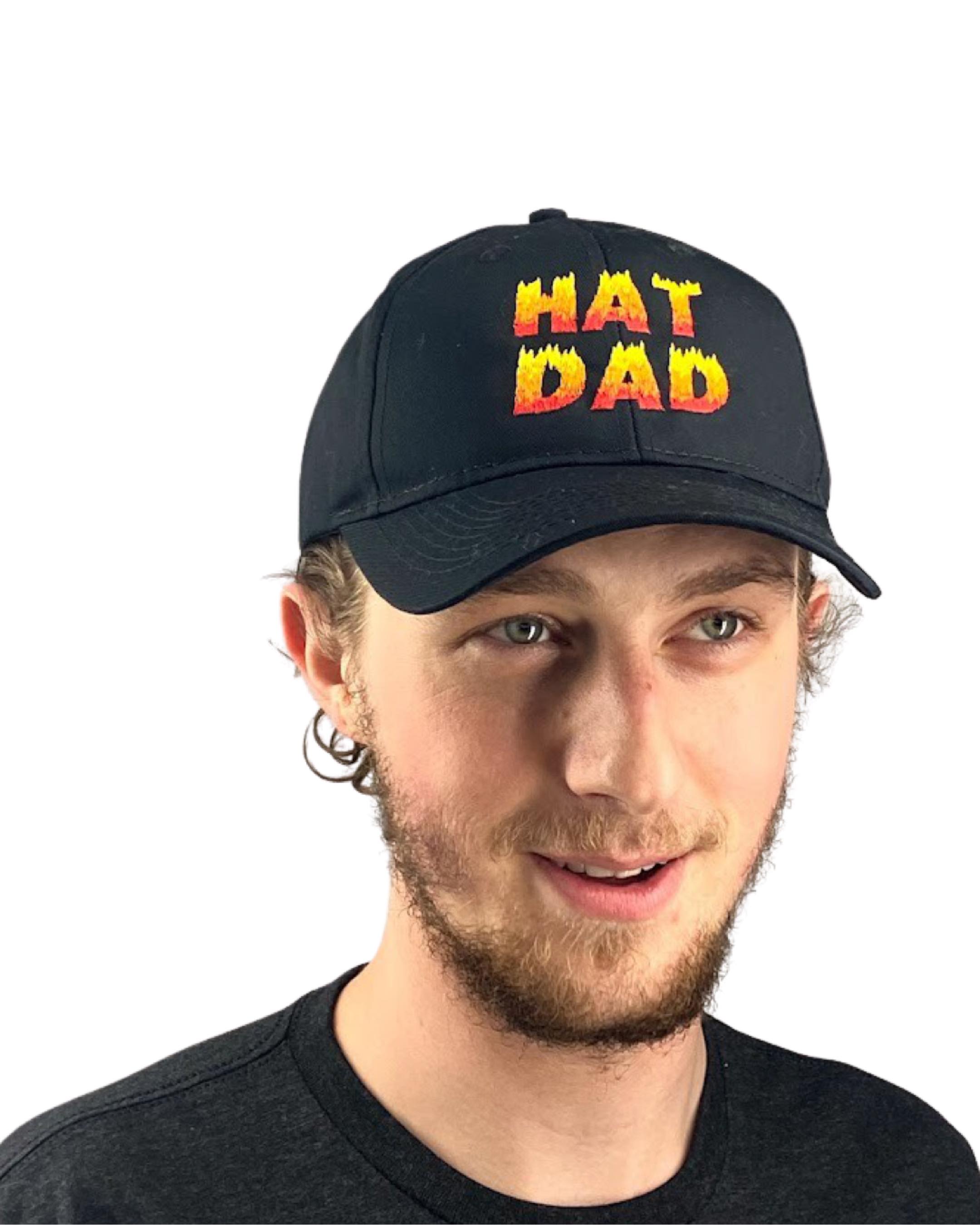 "Hat Dad" Flames Embroidered Black Dad Hat, One Size Fits All