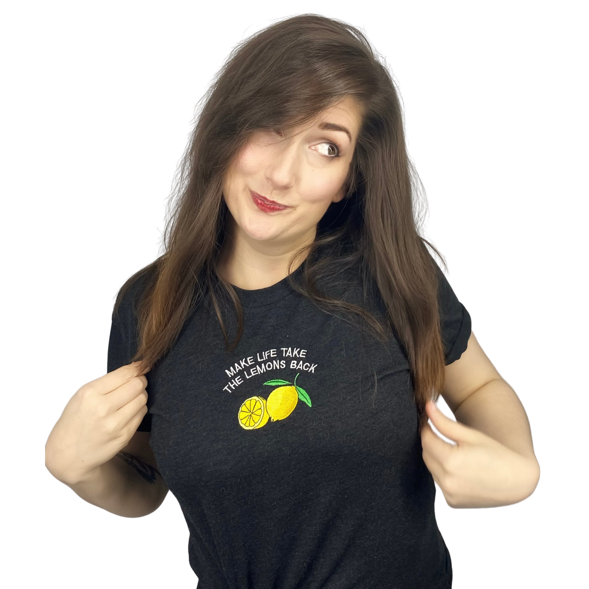 Make Life Take The Lemons Back Embroidered Black Meme Tee Shirt