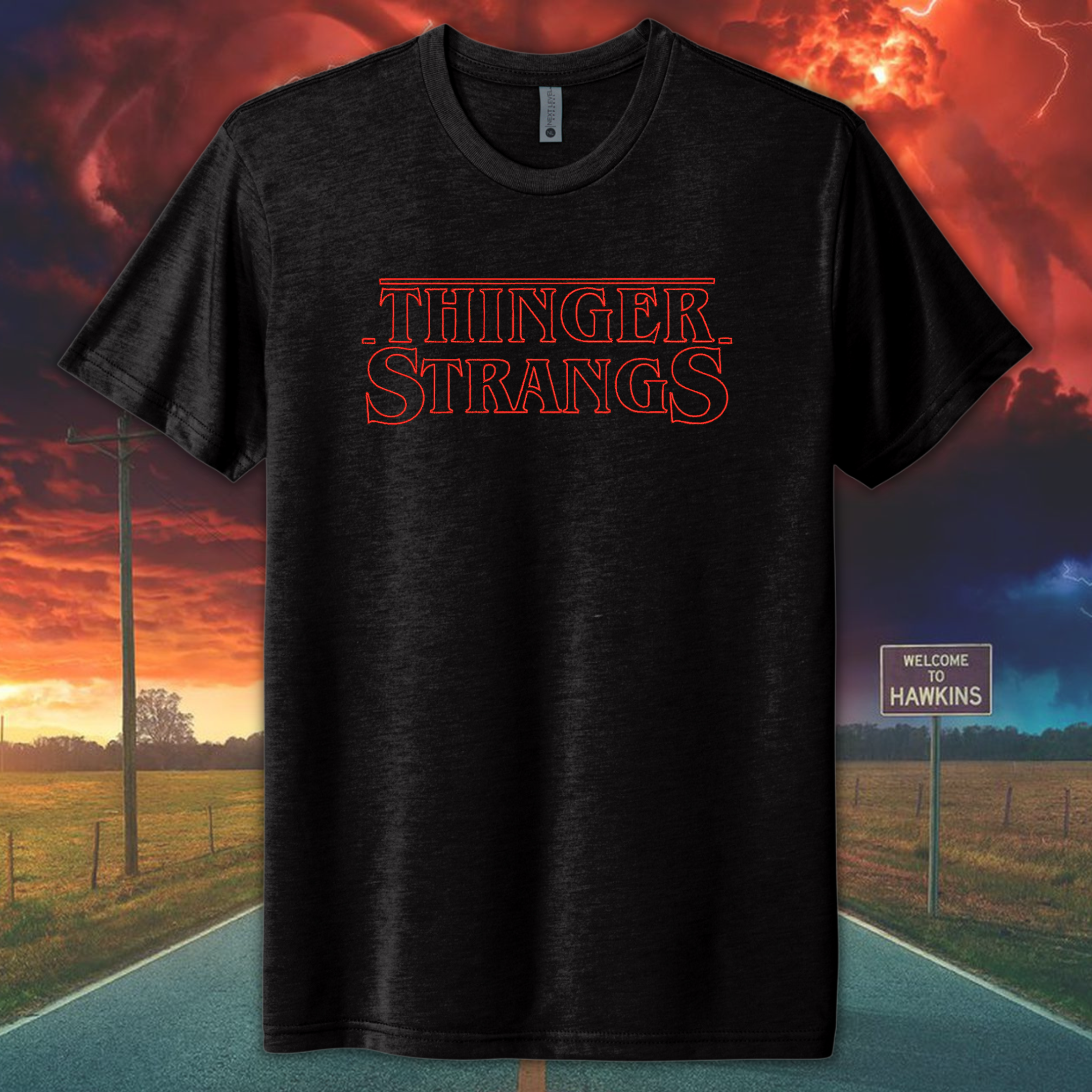 Thinger Strangs - Stranger Things Inspired Embroidered Black Tee Shirt, Unisex