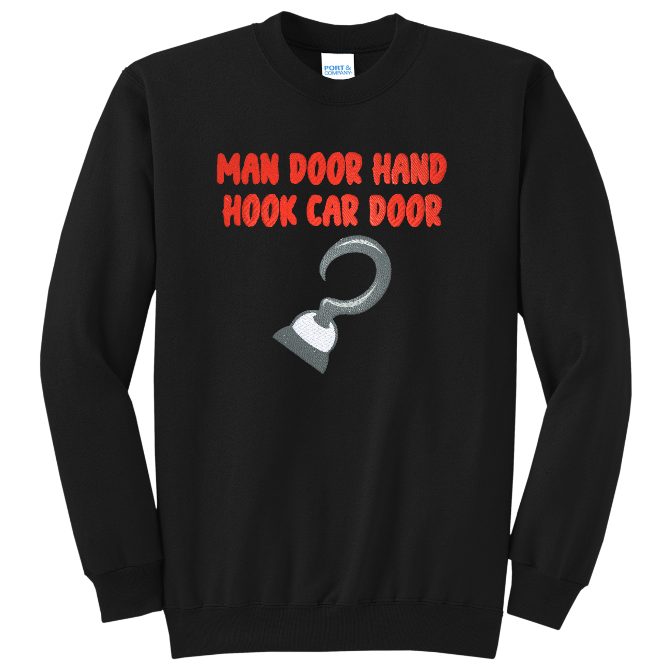 Man Door Hand Hook Car Door CreepyPasta Embroidered Crewneck Sweatshirt, Black, Unisex