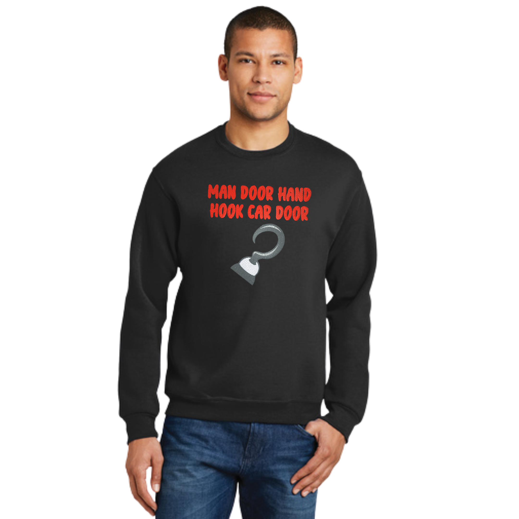 Man Door Hand Hook Car Door CreepyPasta Embroidered Crewneck Sweatshirt, Black, Unisex
