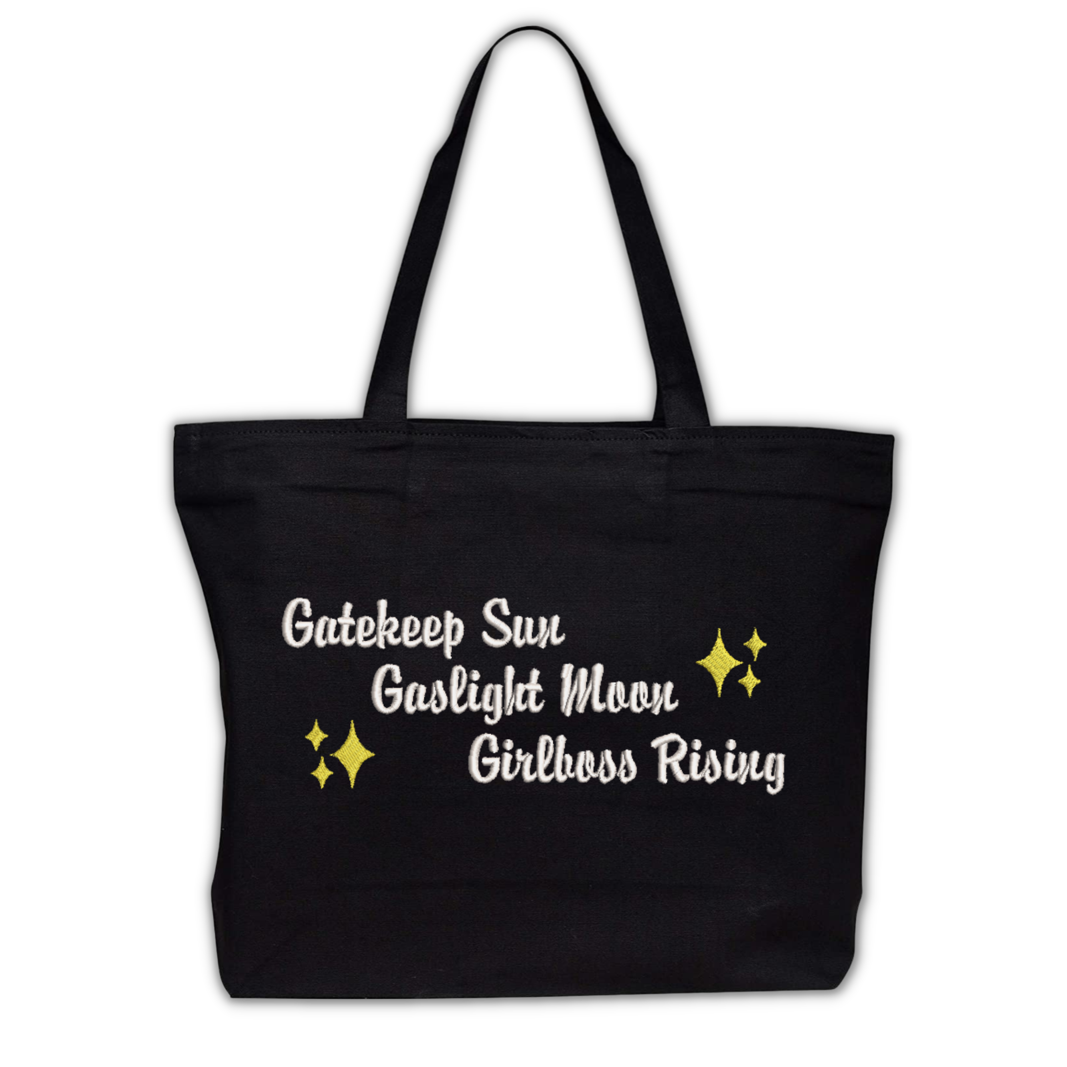 Gatekeep Sun Gaslight Moon Girlboss Rising Black Embroidered Canvas Tote Bag