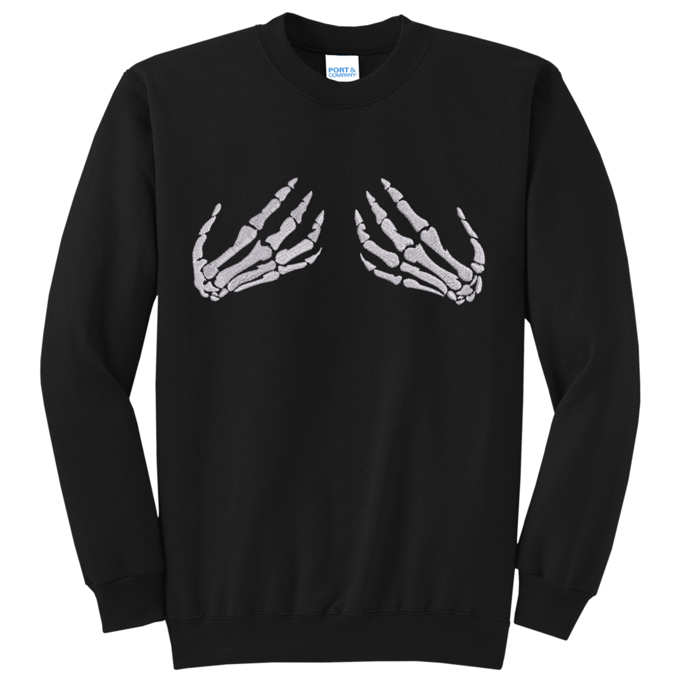 Handsy Skeleton Embroidered Crewneck Sweatshirt, Black, Unisex