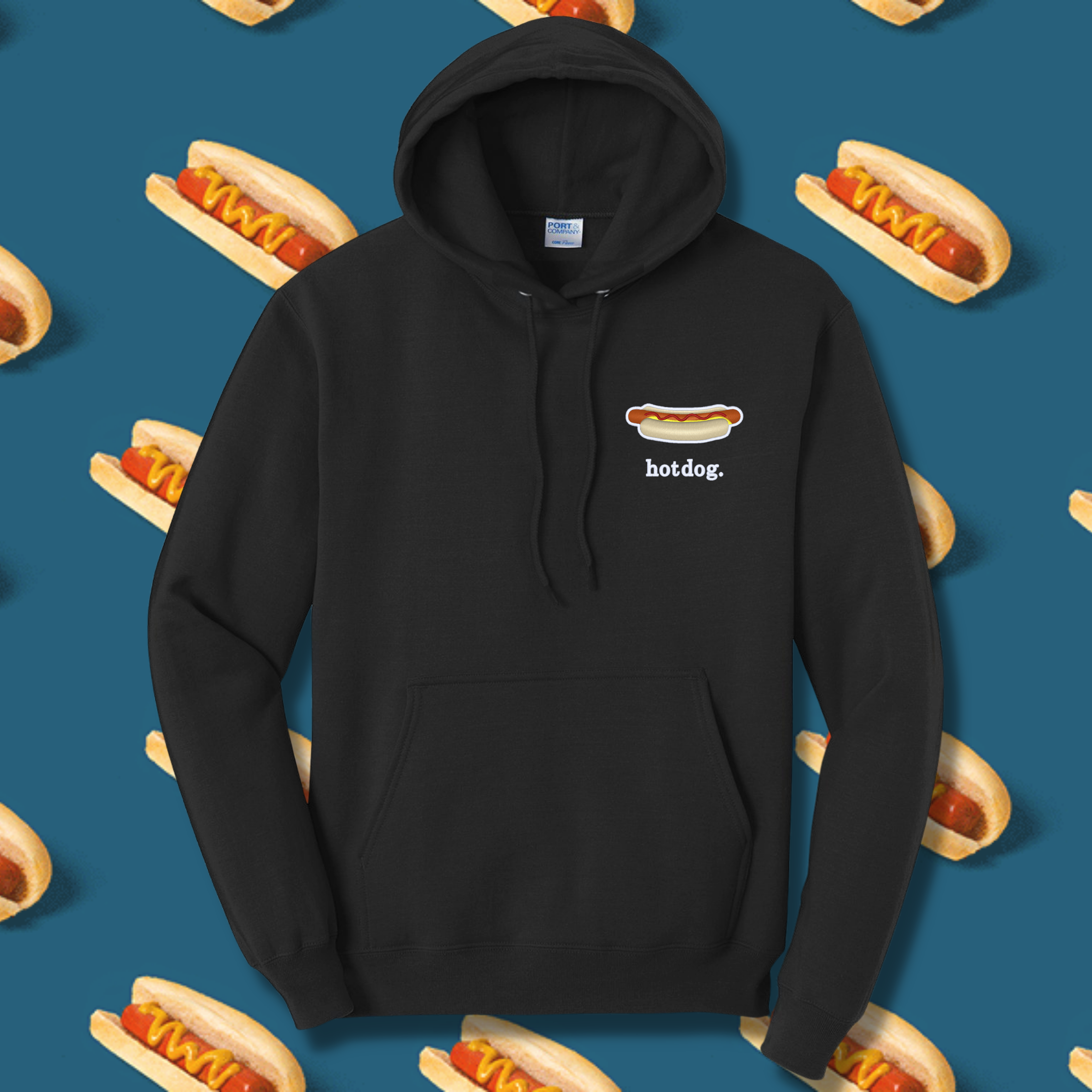 Hotdog Embroidered Black Hoodie, Unisex