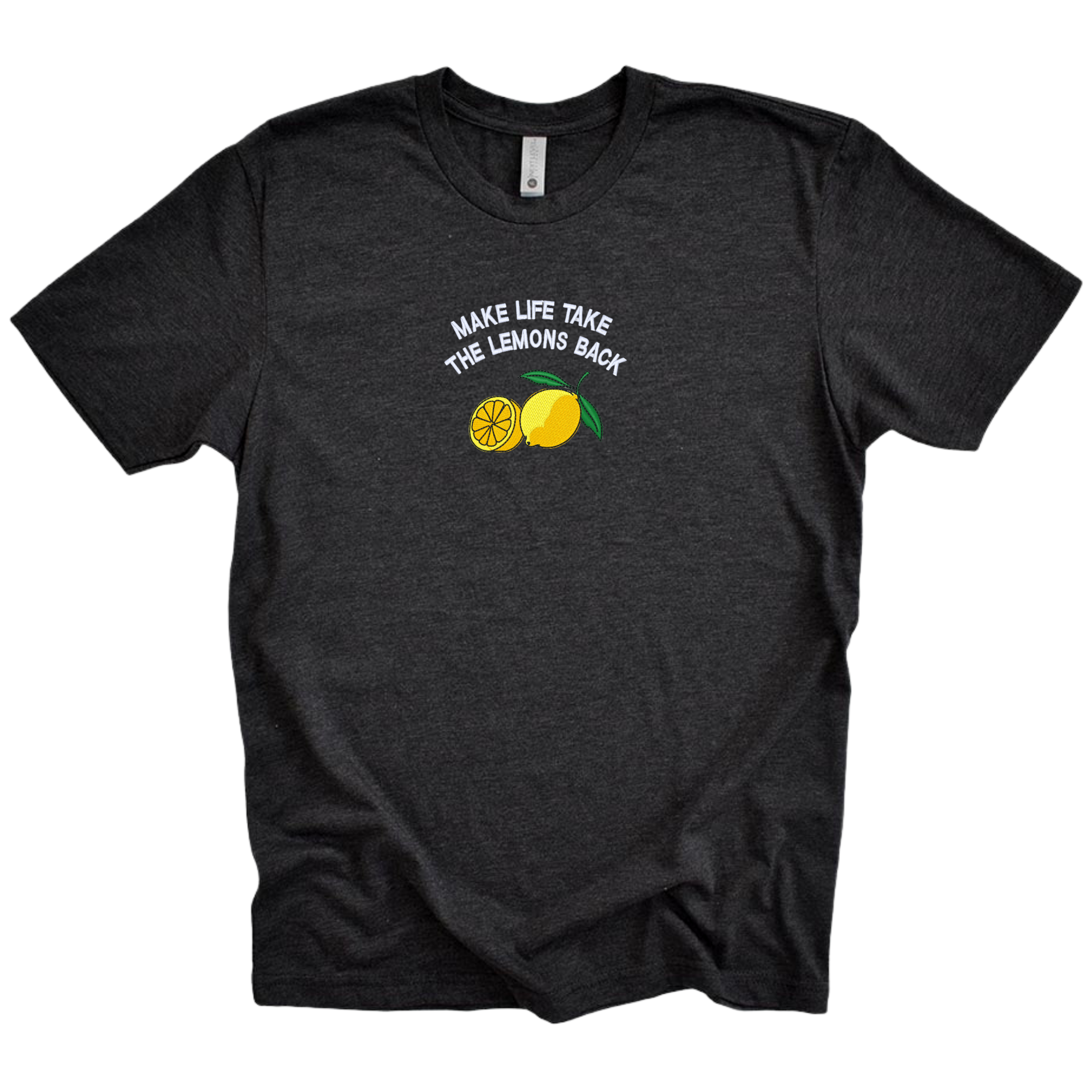 Make Life Take The Lemons Back Embroidered Black Meme Tee Shirt