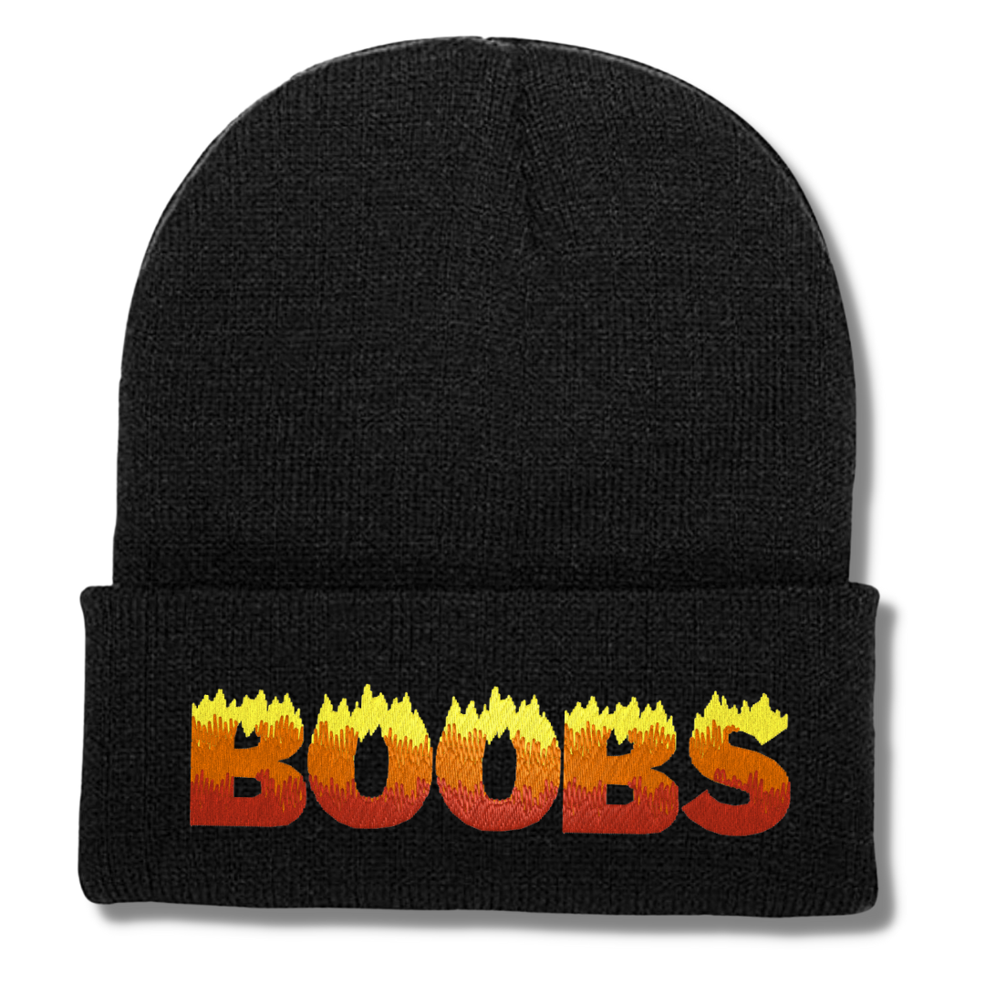 BOOBS Flame Font Embroidered Beanie Hat, One Size Fits All