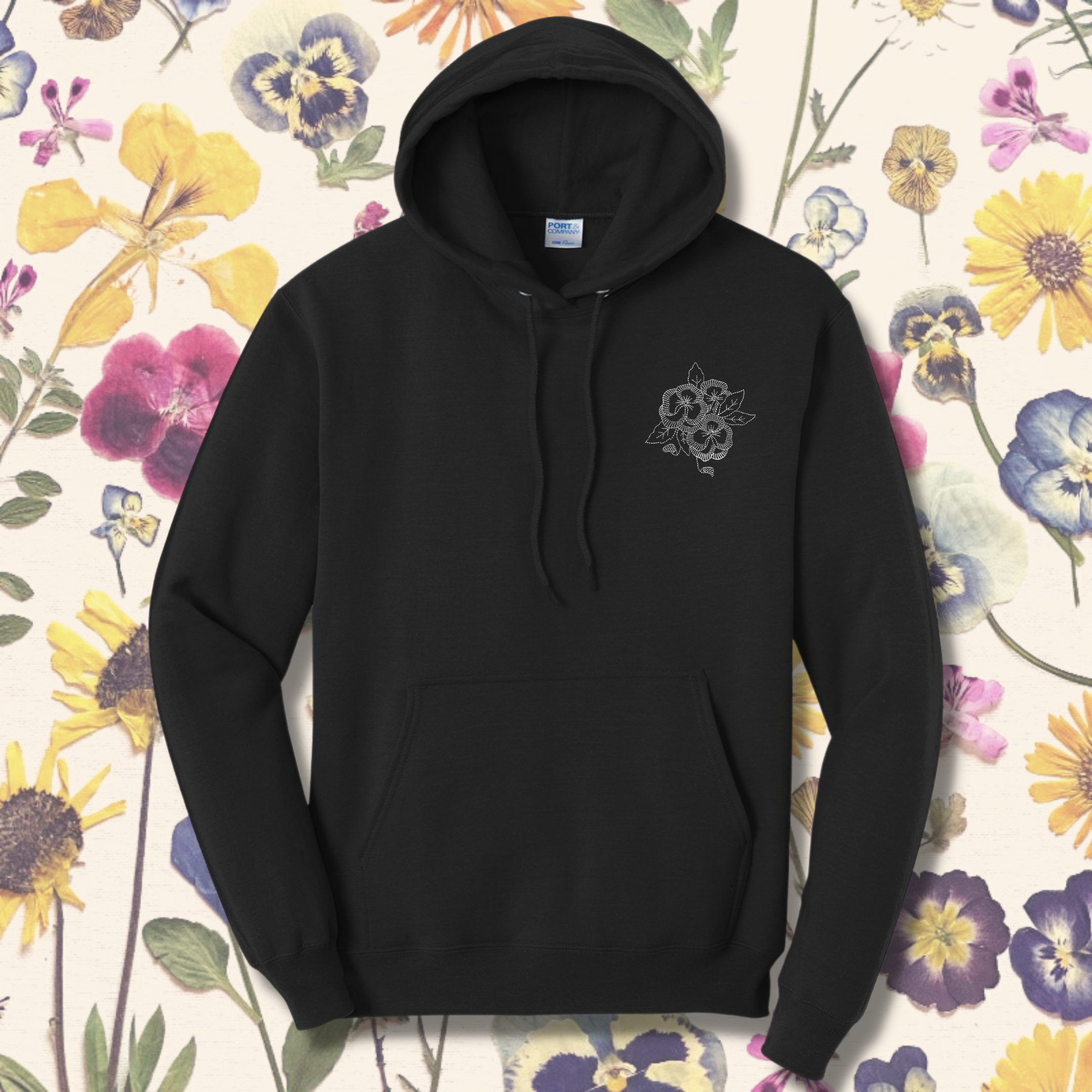 Pansy Embroidered Black Hoodie, Unisex
