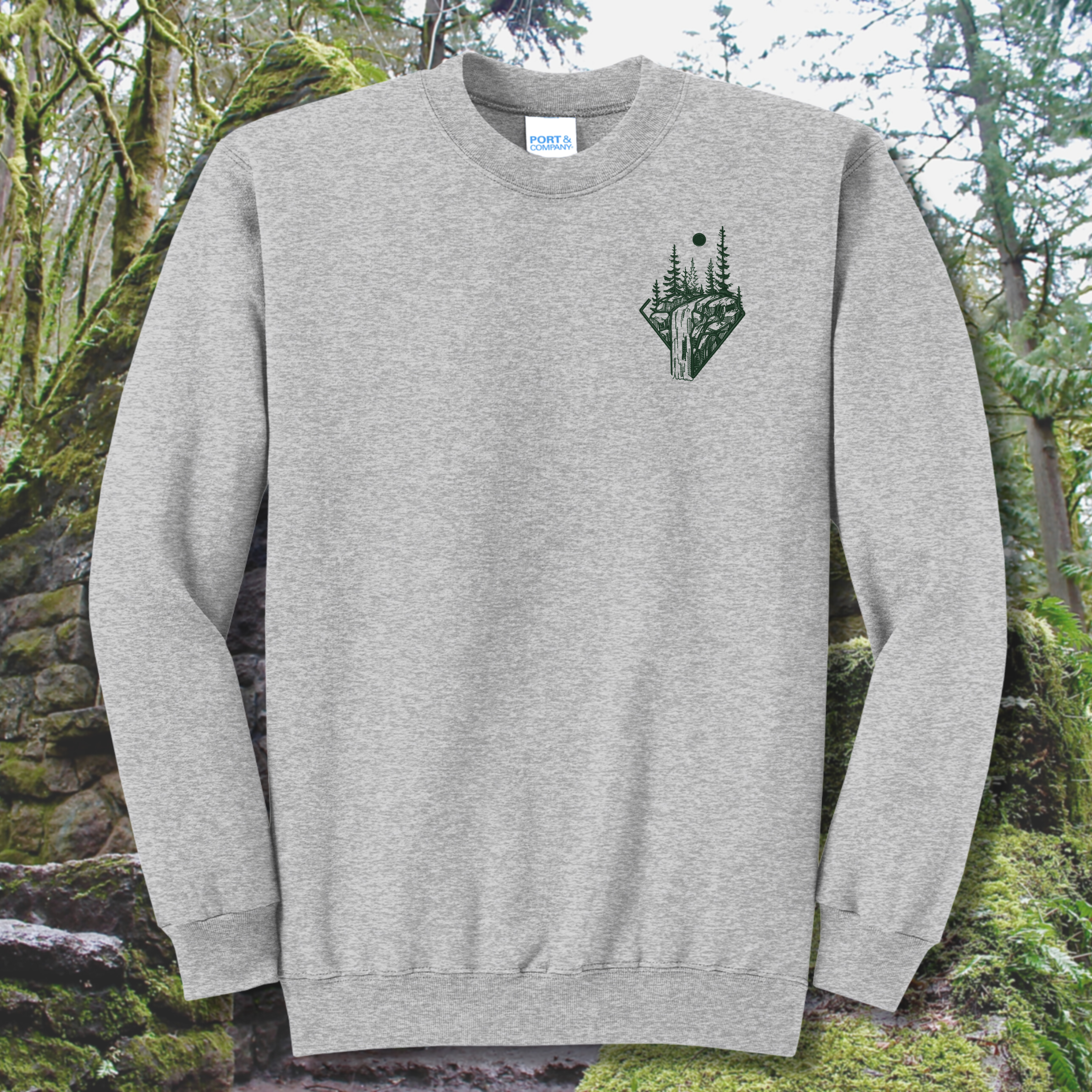 Pacific Northwest Waterfall Embroidered Crewneck Sweatshirt, Unisex