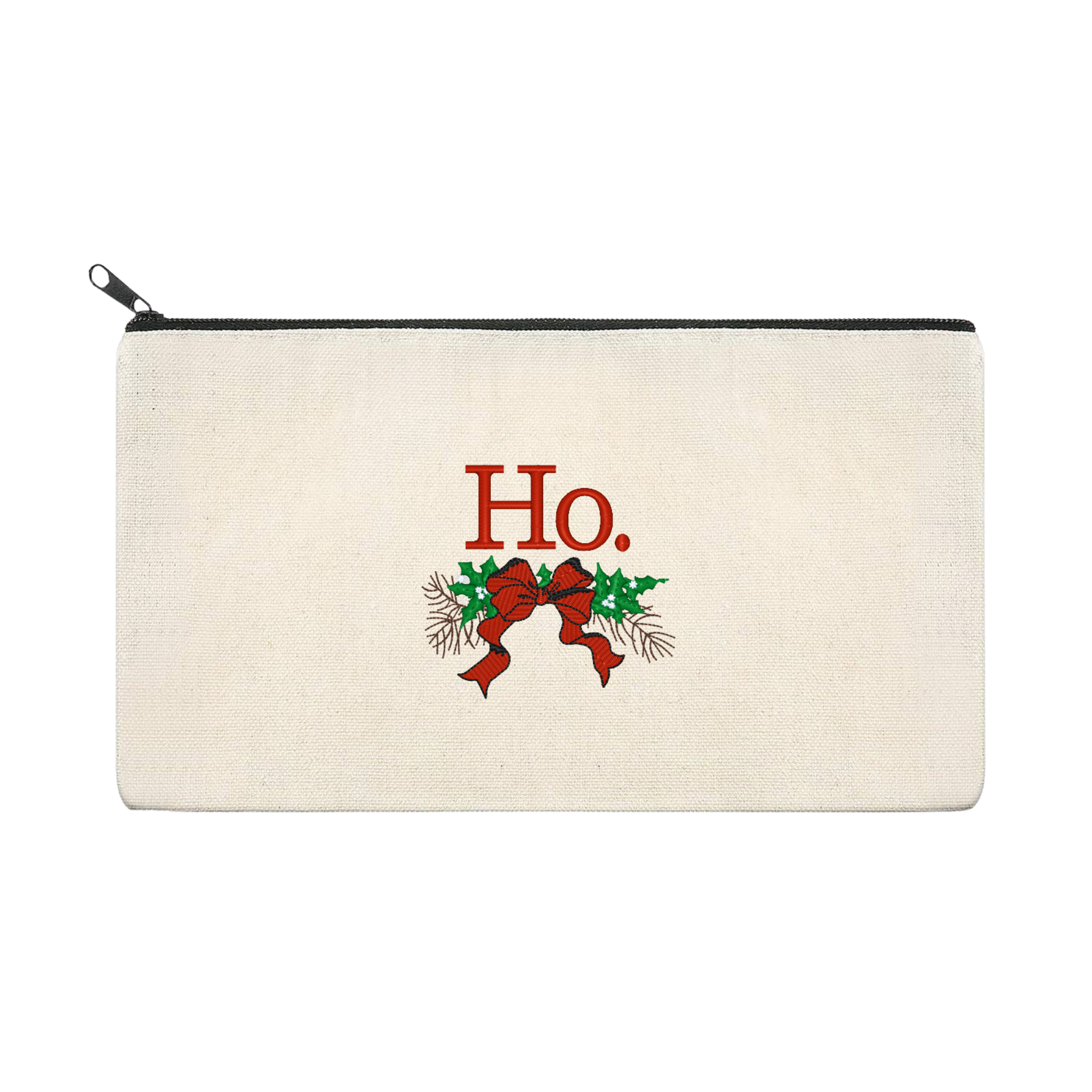 Ho - Christmas Bow and Mistletoe Embroidered Zippered Pouch