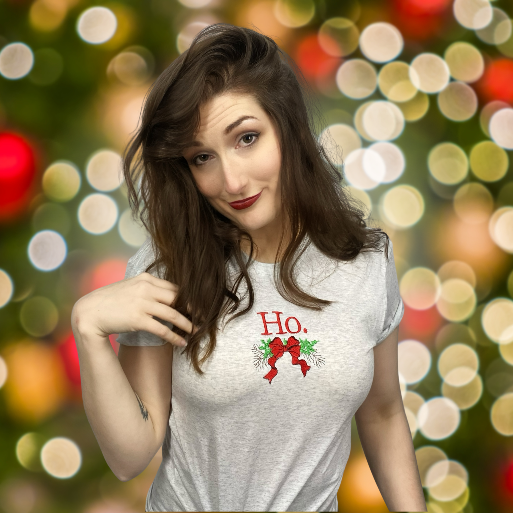 Ho Christmas Bow Mistletoe Embroidered Unisex Tee Shirt