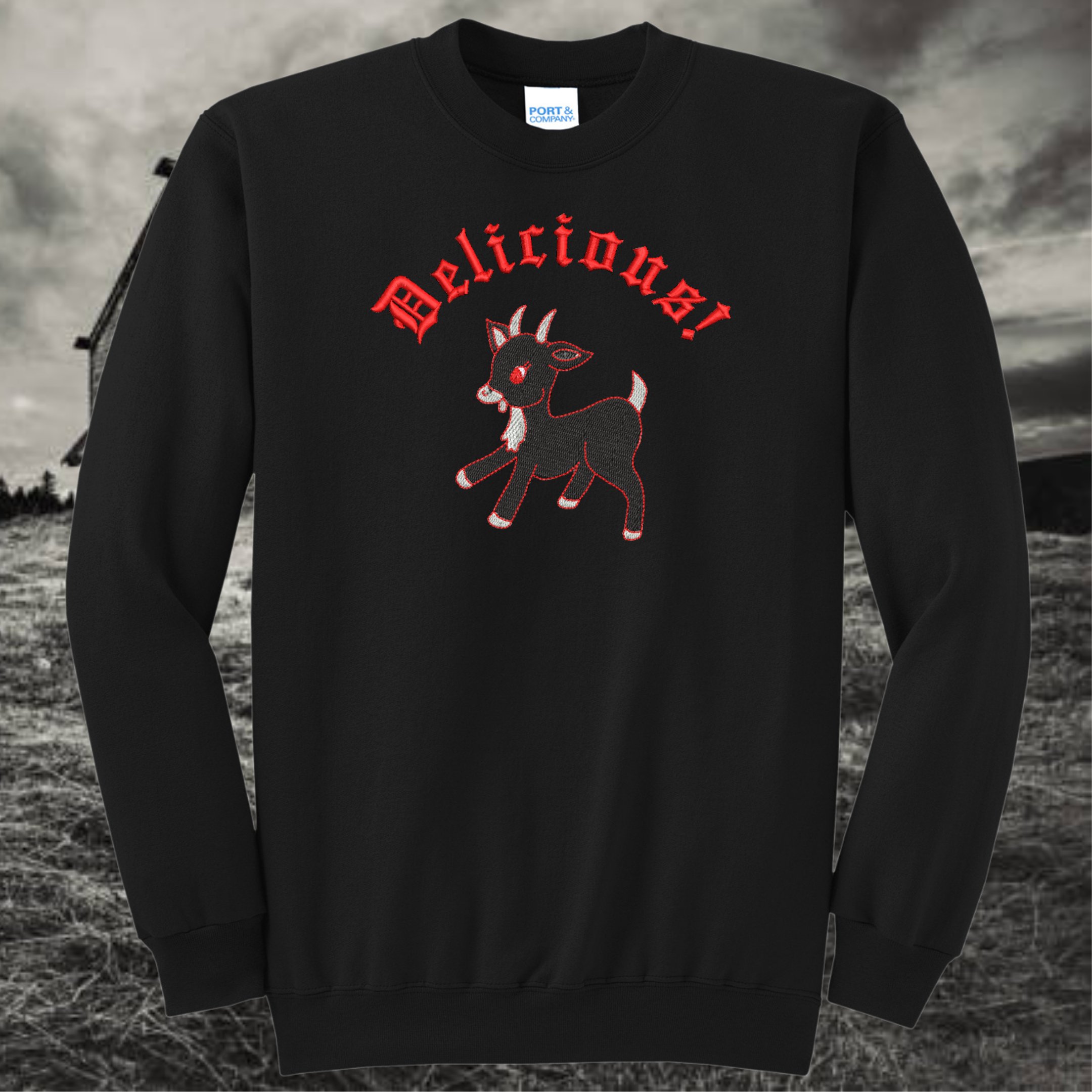 Delicious! Black Phillip VVitch Inspired Embroidered Crewneck Sweatshirt, Black, Unisex