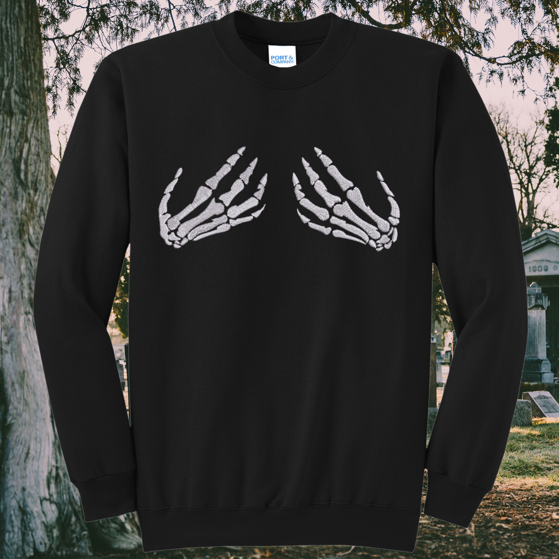 Handsy Skeleton Embroidered Crewneck Sweatshirt, Black, Unisex