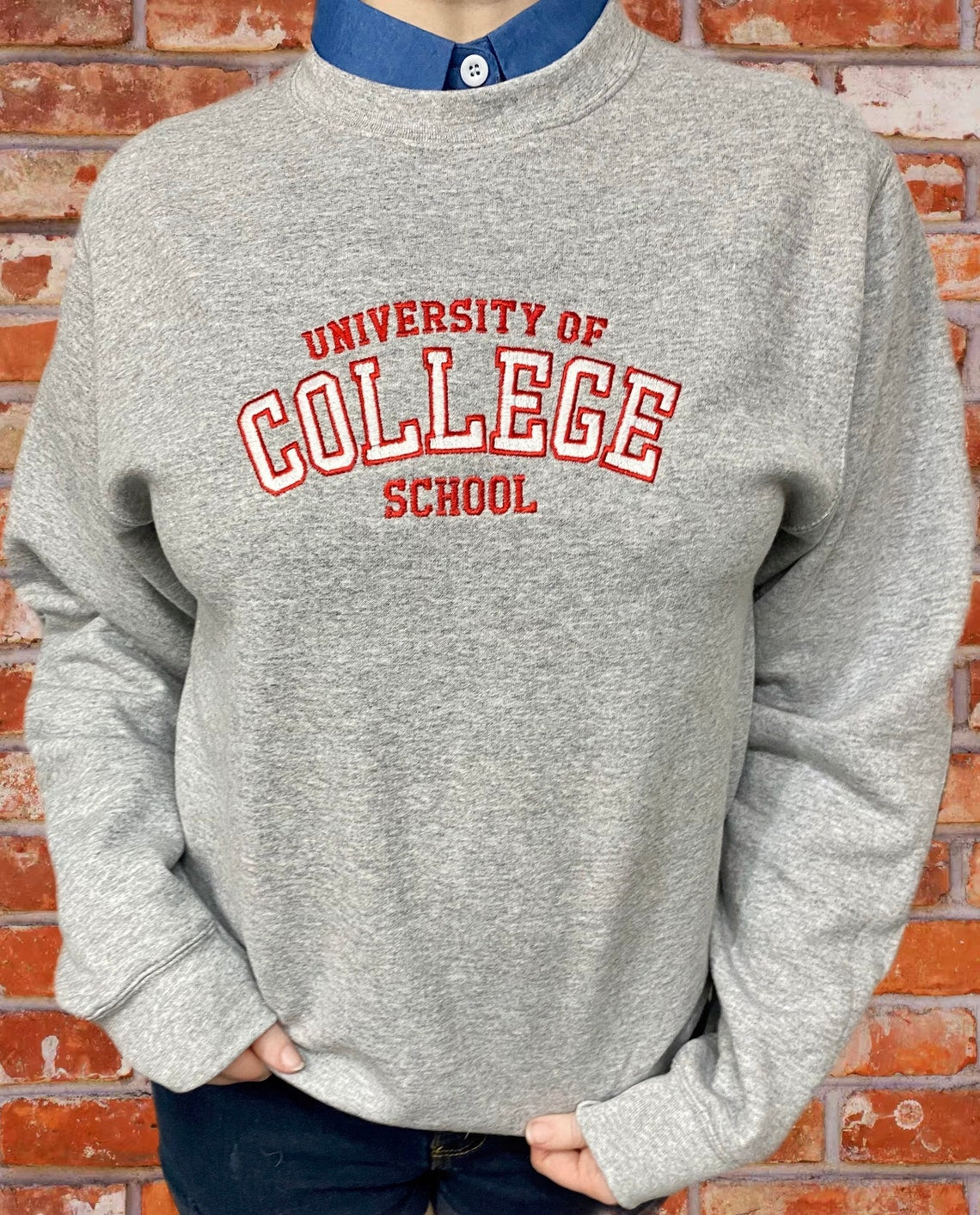 University of College School Embroidered Heather Gray Crewneck Sweatshirt, Unisex