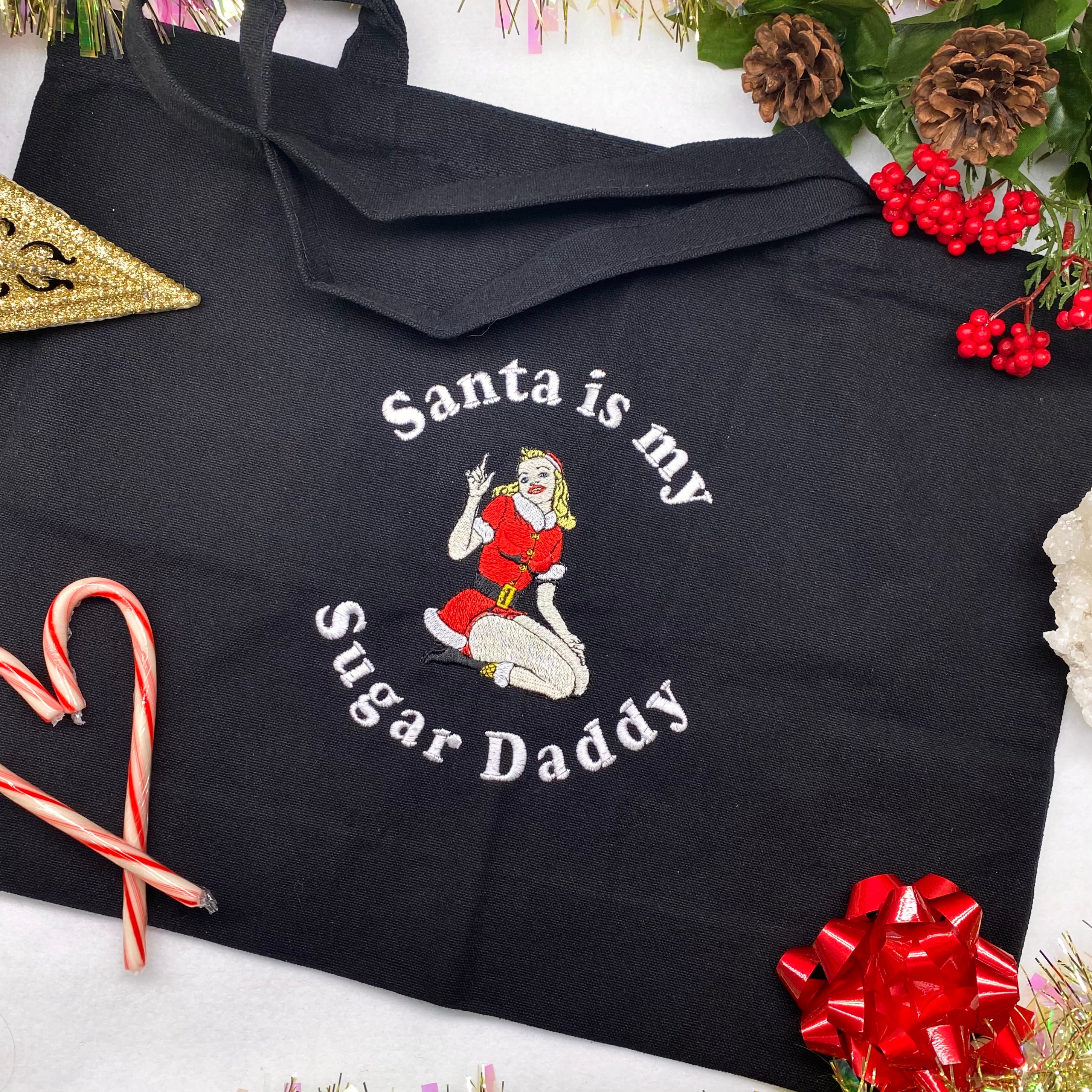 Santa is my Sugar Daddy Black Embroidered Christmas Tote Bag