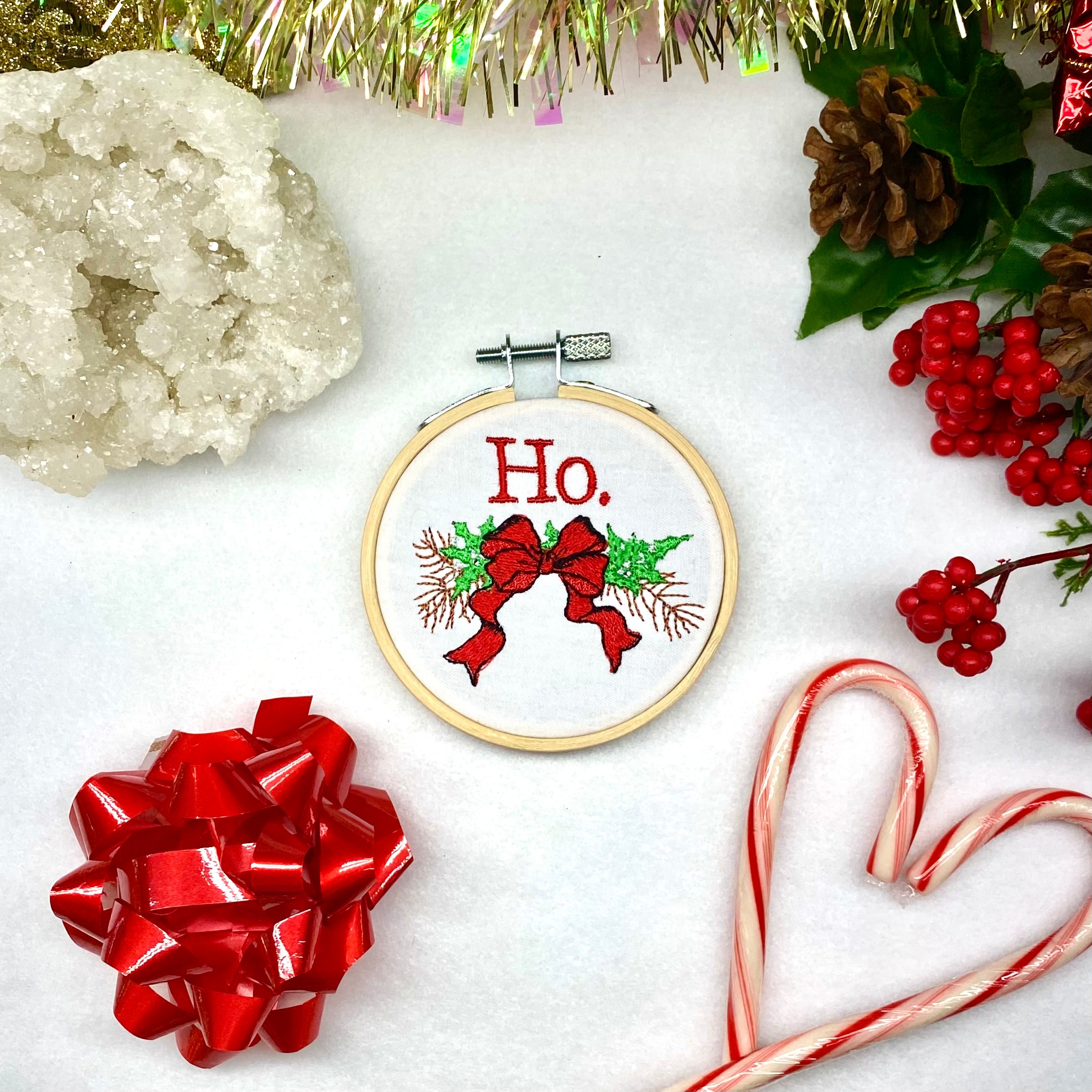Ho. Christmas Themed with Bow Embroidery Hoop 3-inch