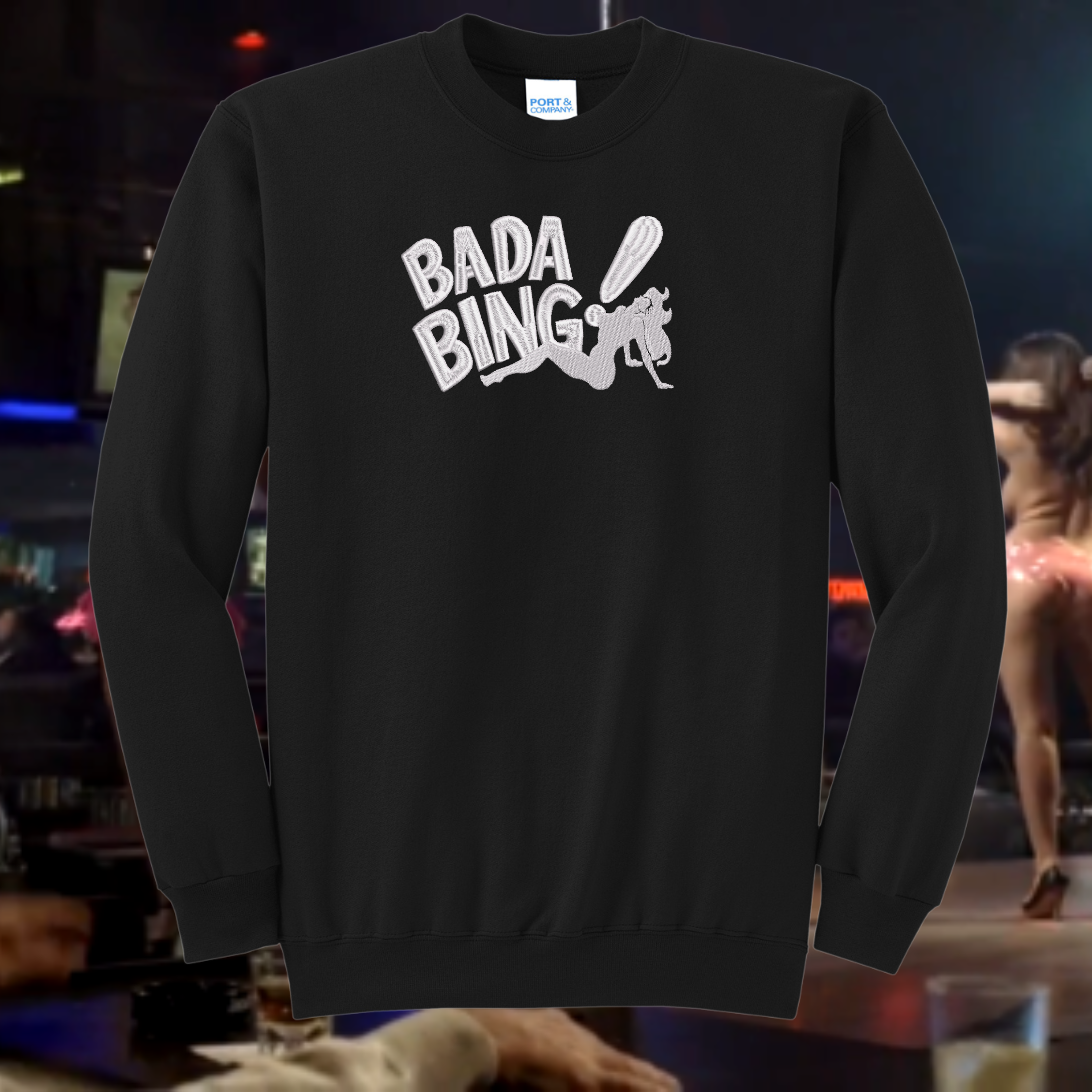 Bada Bing Sopranos Strip Club Logo Embroidered Crewneck Sweatshirt, Black, Unisex