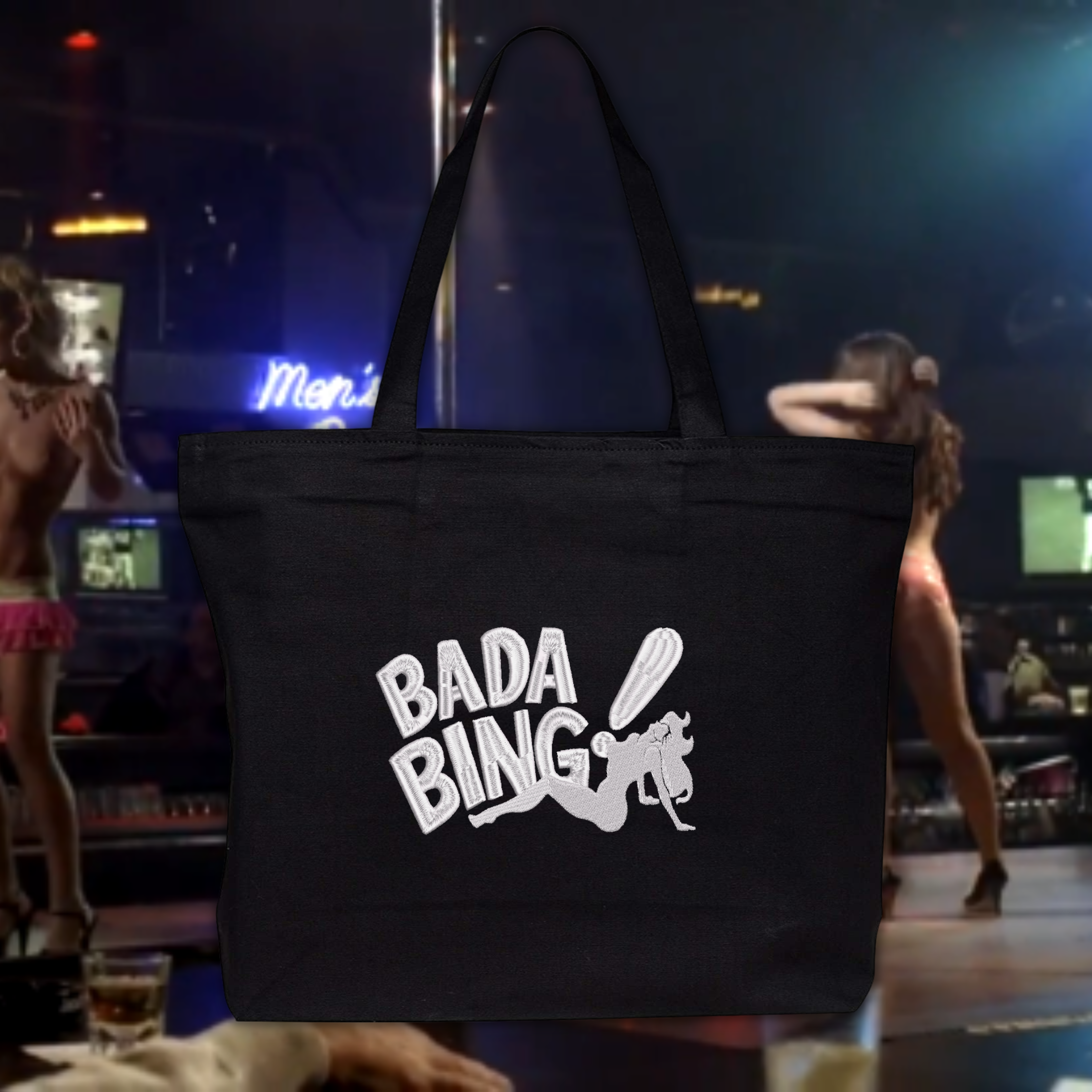 Bada Bing Sopranos Strip Club Logo Embroidered Black Canvas Tote Bag