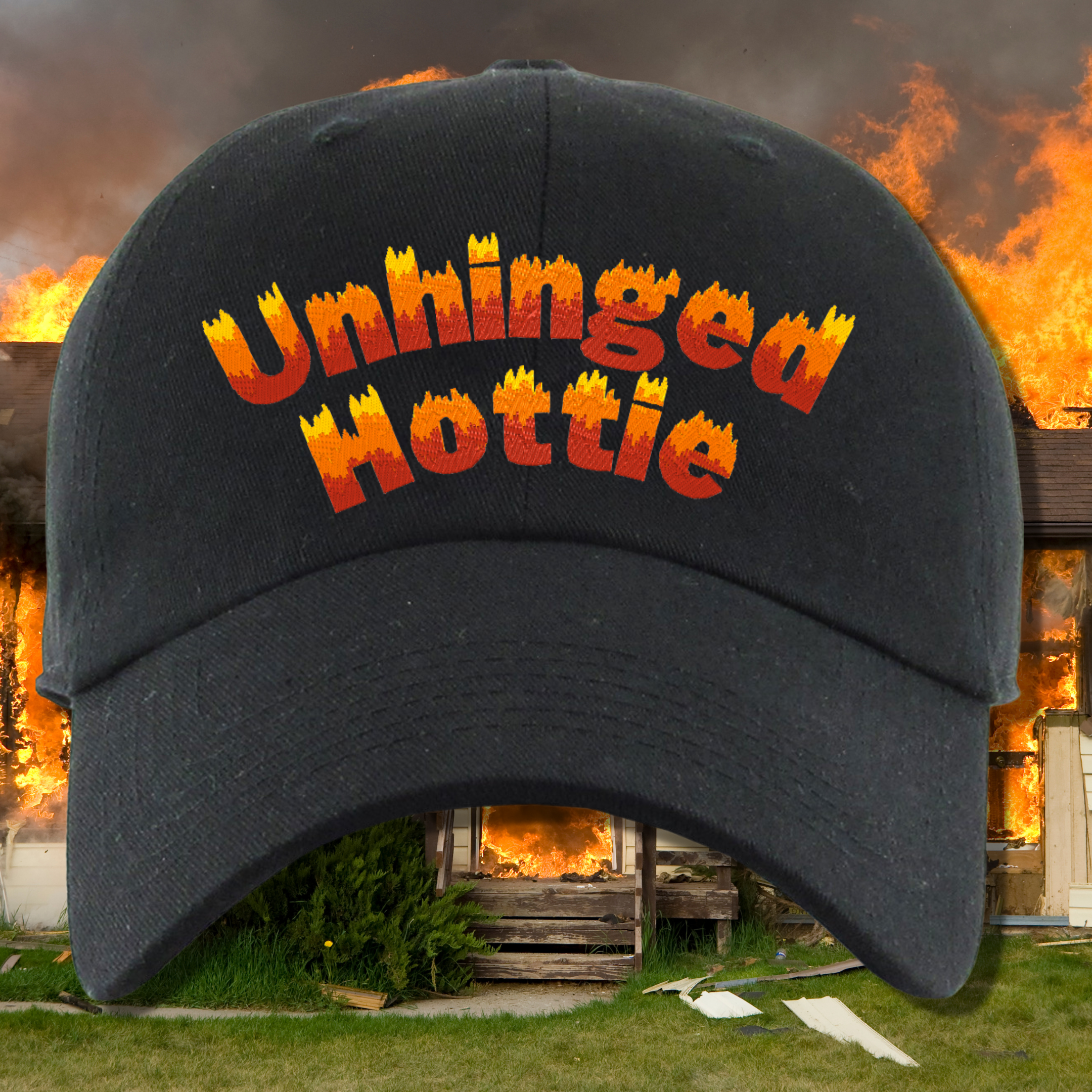 Unhinged Hottie Flame Font Embroidered Black Dad Hat, One Size Fits All