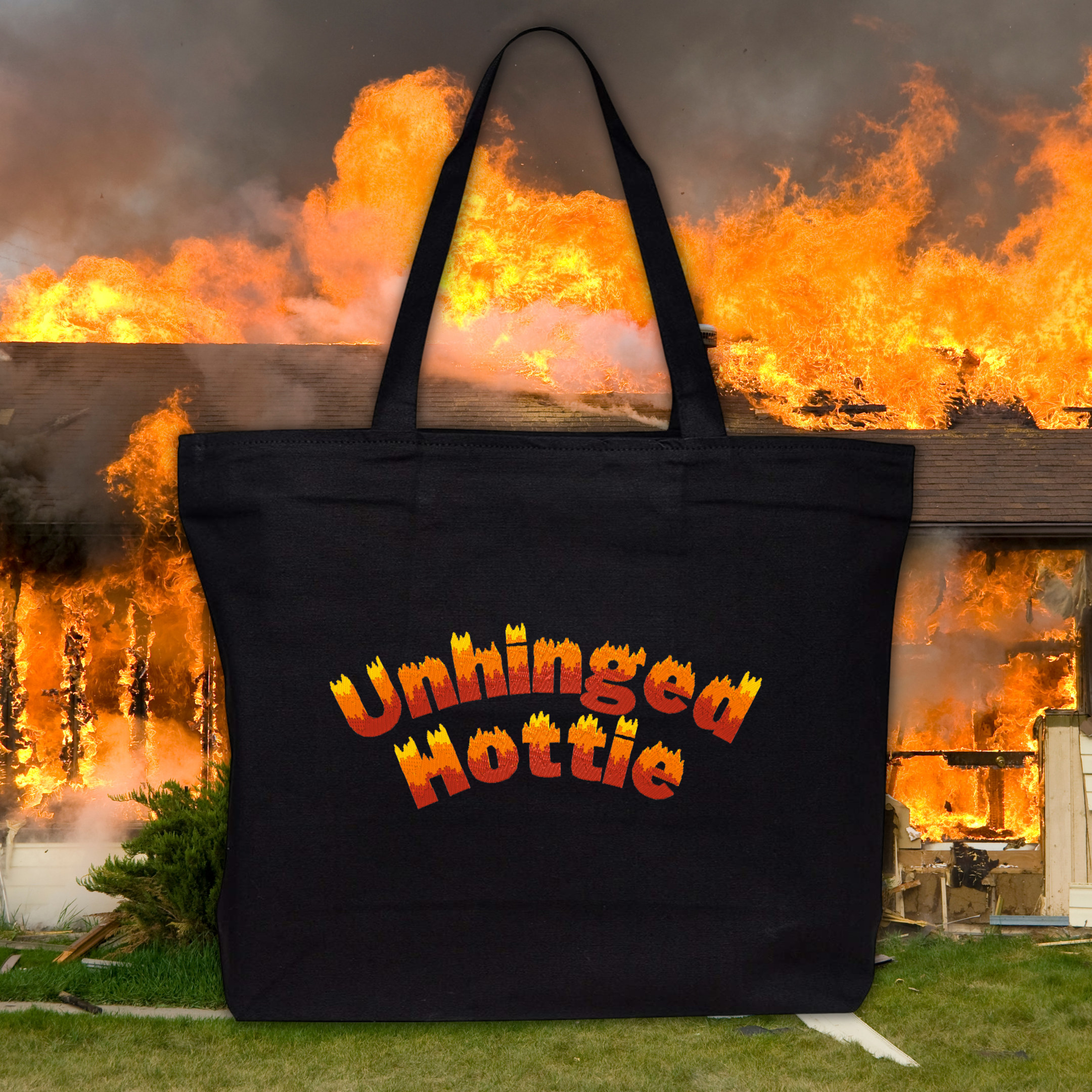 Unhinged Hottie Flame Font Embroidered Black Canvas Tote Bag