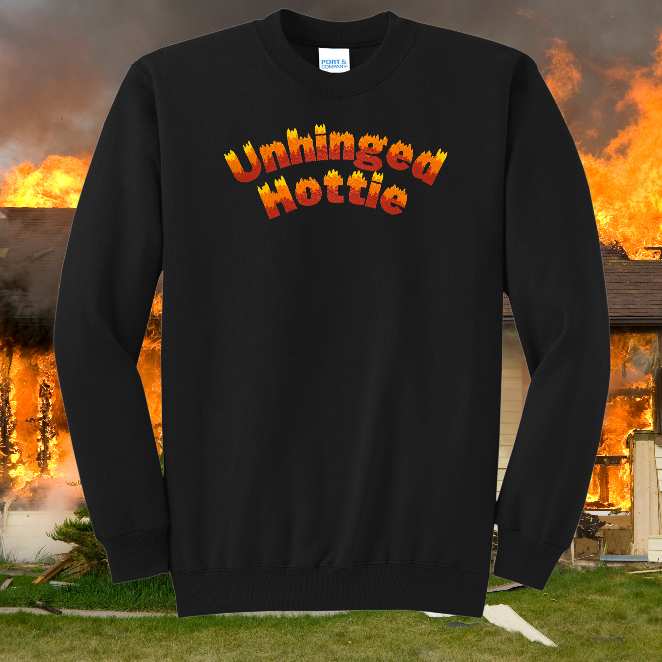 Unhinged Hottie Flame Font Embroidered Crewneck Sweatshirt, Unisex