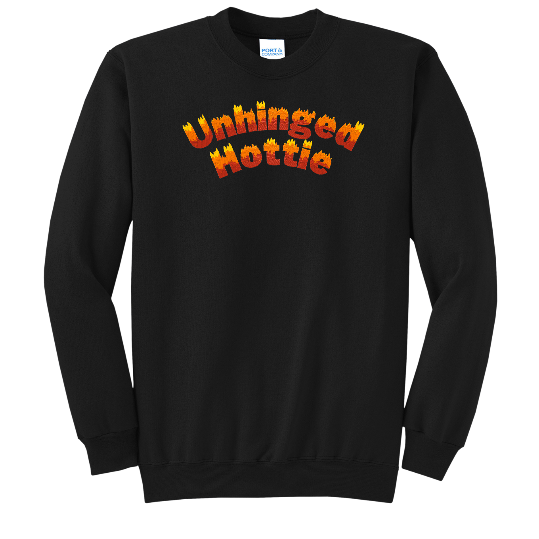 Unhinged Hottie Flame Font Embroidered Crewneck Sweatshirt, Unisex